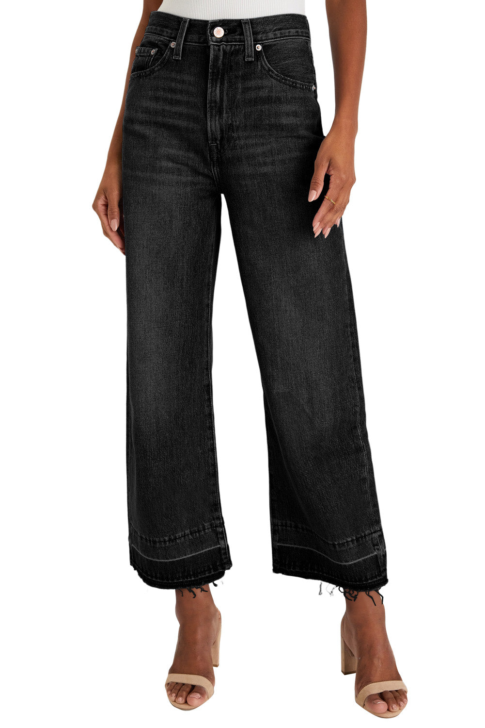 Black Raw Hem Loose Straight Leg High Waist Jeans Denim