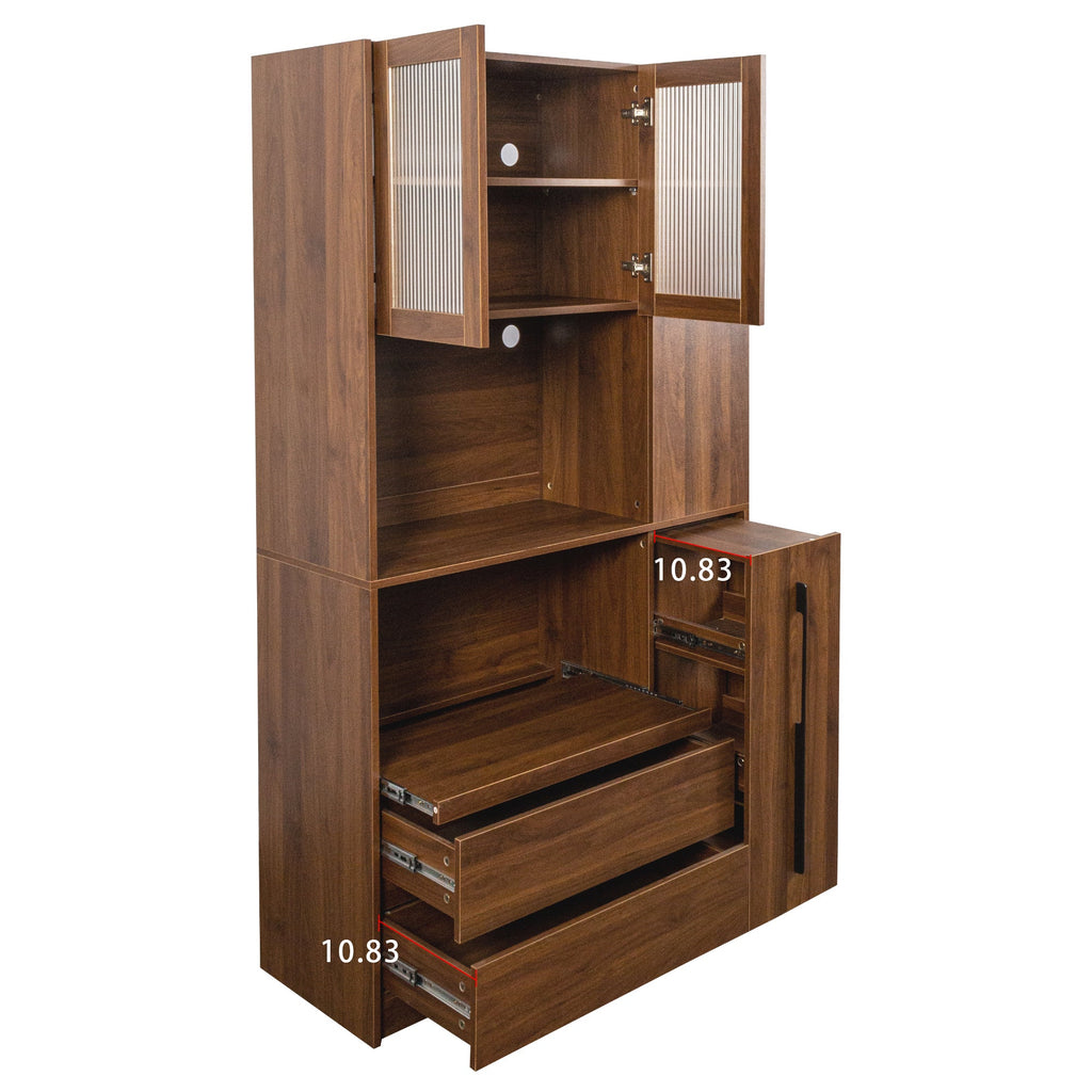 70.87' Tall Kitchen Pantry Cabinet with multi-functional pull-out multi-tier storage shelf,  4-Tier side Shelf, 2 Drawers,with Glass Door,Freestanding Food Hutch with Microwave Stand for Dining Room