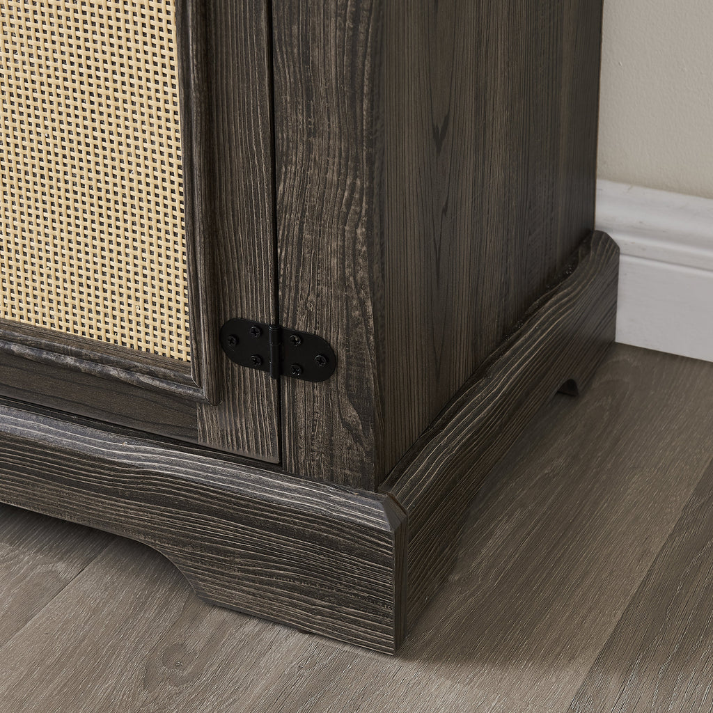 Natural Rattan Door Cabinet with Adjustable Shelf Wood, Farmhouse Rattan TV Stand Console Table for TVs up to 70 Inches, Storage tv stand with 23' fireplace insert, 65'W*15.55'D*23.86'H,GREY