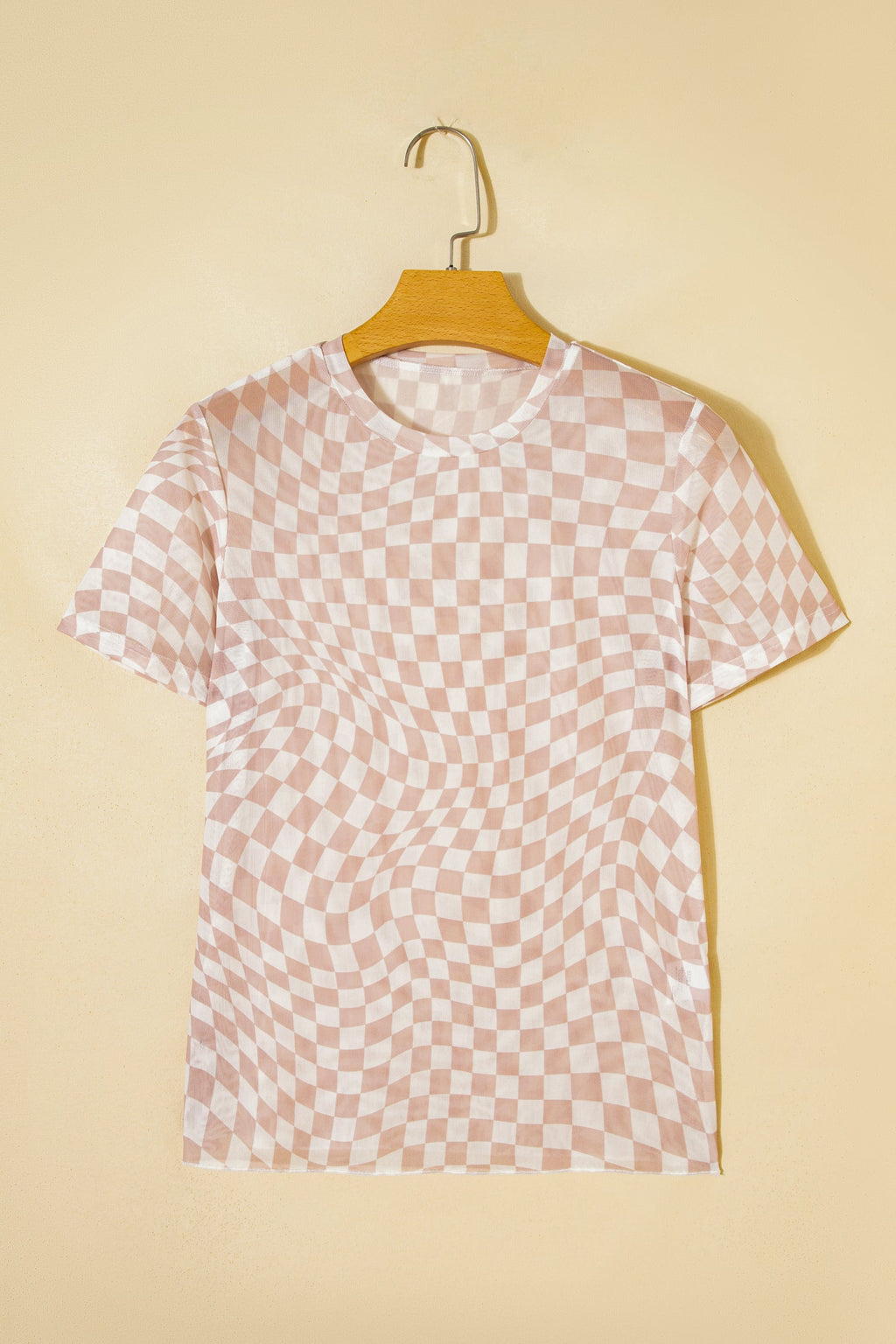 Checker Mesh Mock Neck Short Sleeve T-Shirt