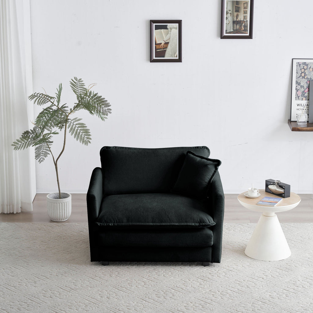 Comfy Deep Single Seat Sofa Upholstered Reading Armchair Living Room Chair Black Chenille Fabric , 1 Toss Pillow
