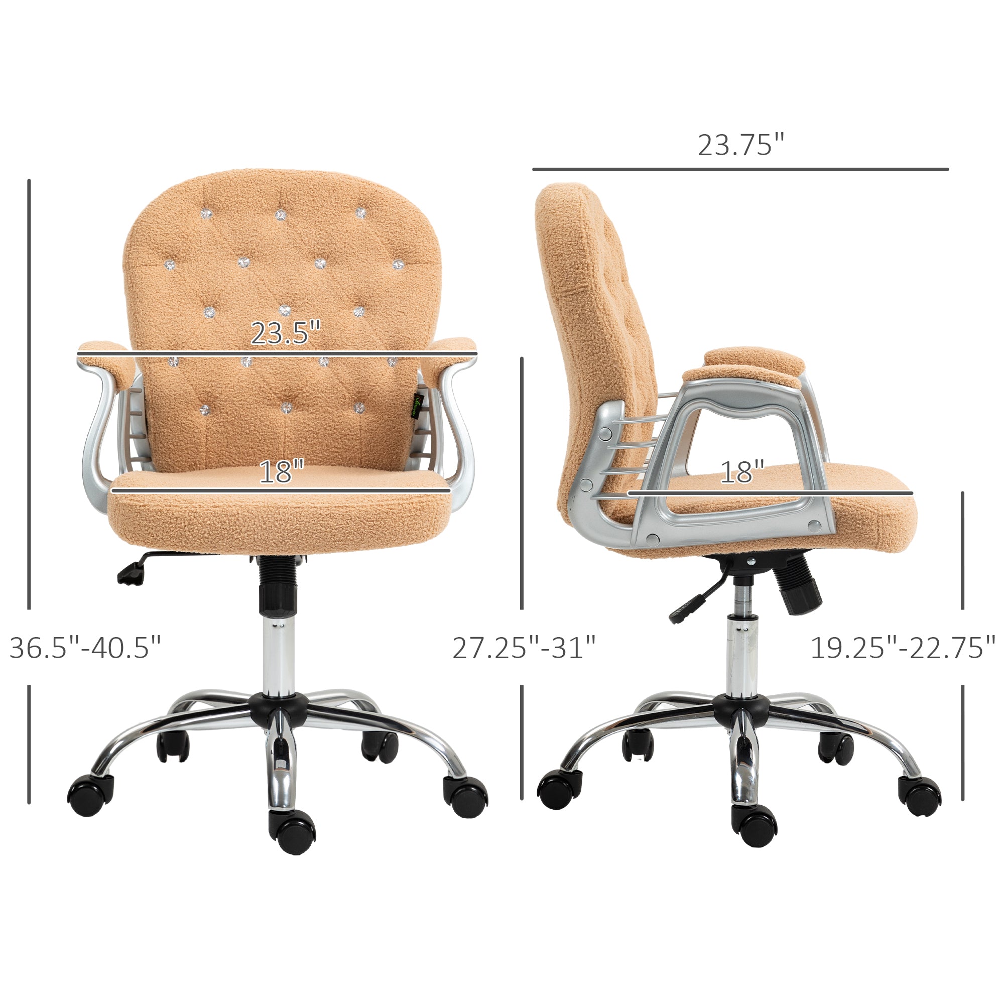 Vinsetto Teddy Fleece Home Office Chair, Button Tufted Desk Chair with Padded Armrests, Adjustable Height and Swivel Wheels, Khaki