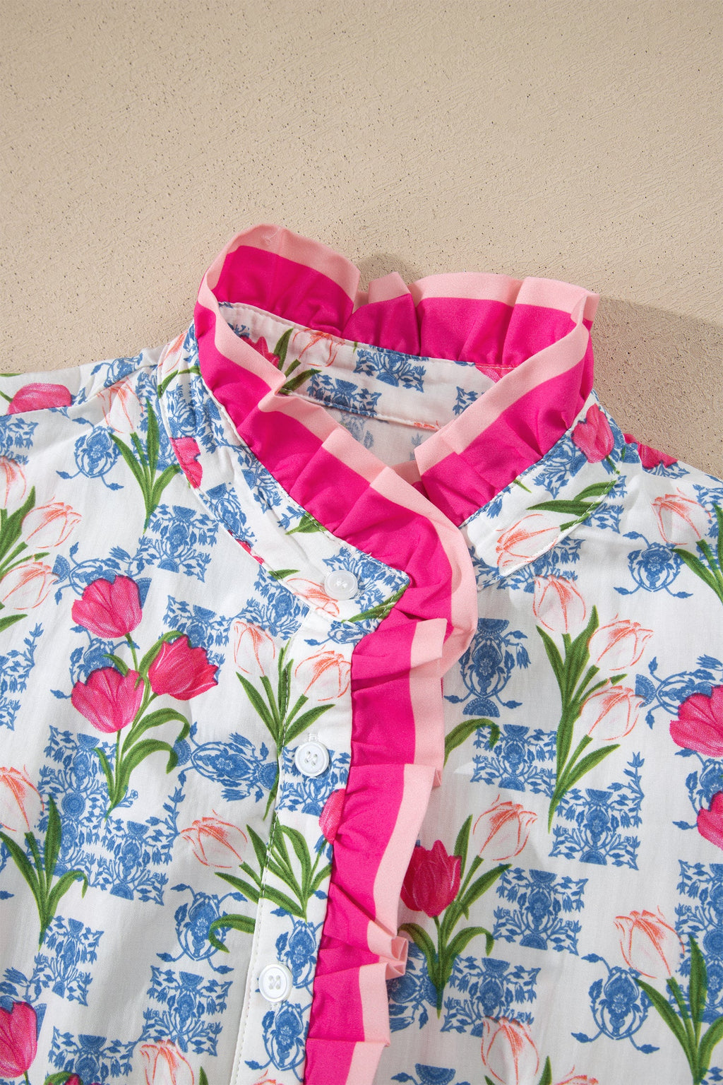 Floral Colorblock Flutter Sleeve Half Button Blouse