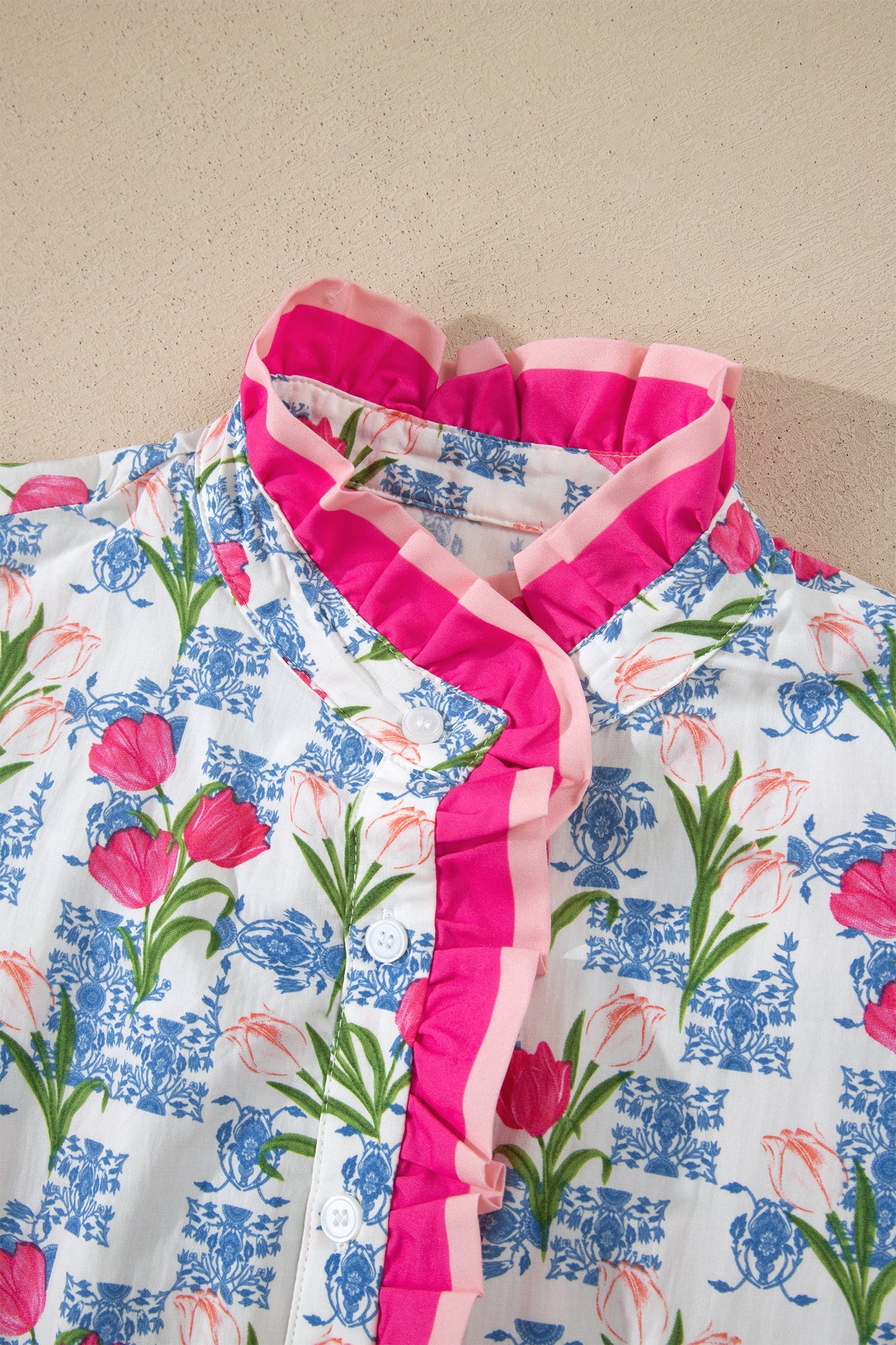 Floral Colorblock Flutter Sleeve Half Button Blouse