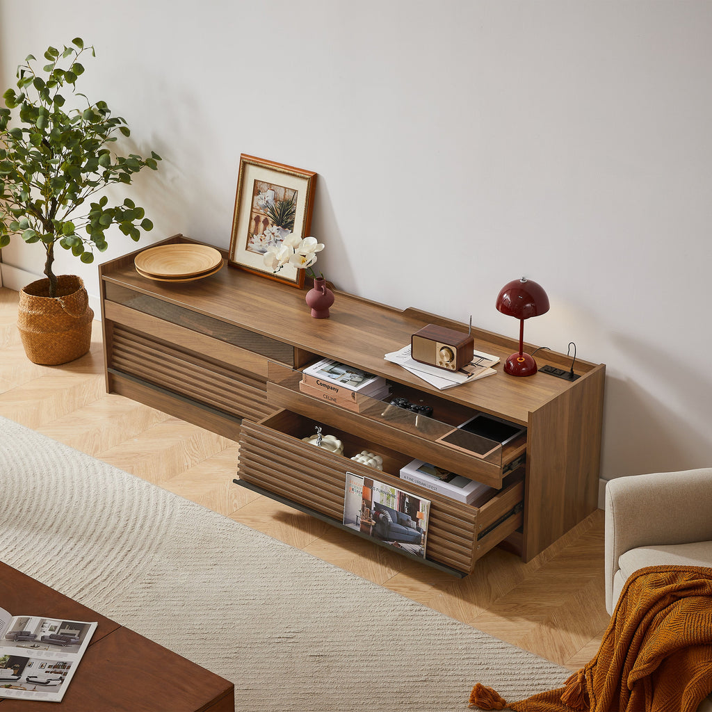 Mirod Modern TV Stand with Ample Storage,4 Drawer Design with Tempered Glass ,Built-in Charging Ports and Ambient LED Lighting ,Versatile for Any Decor Style