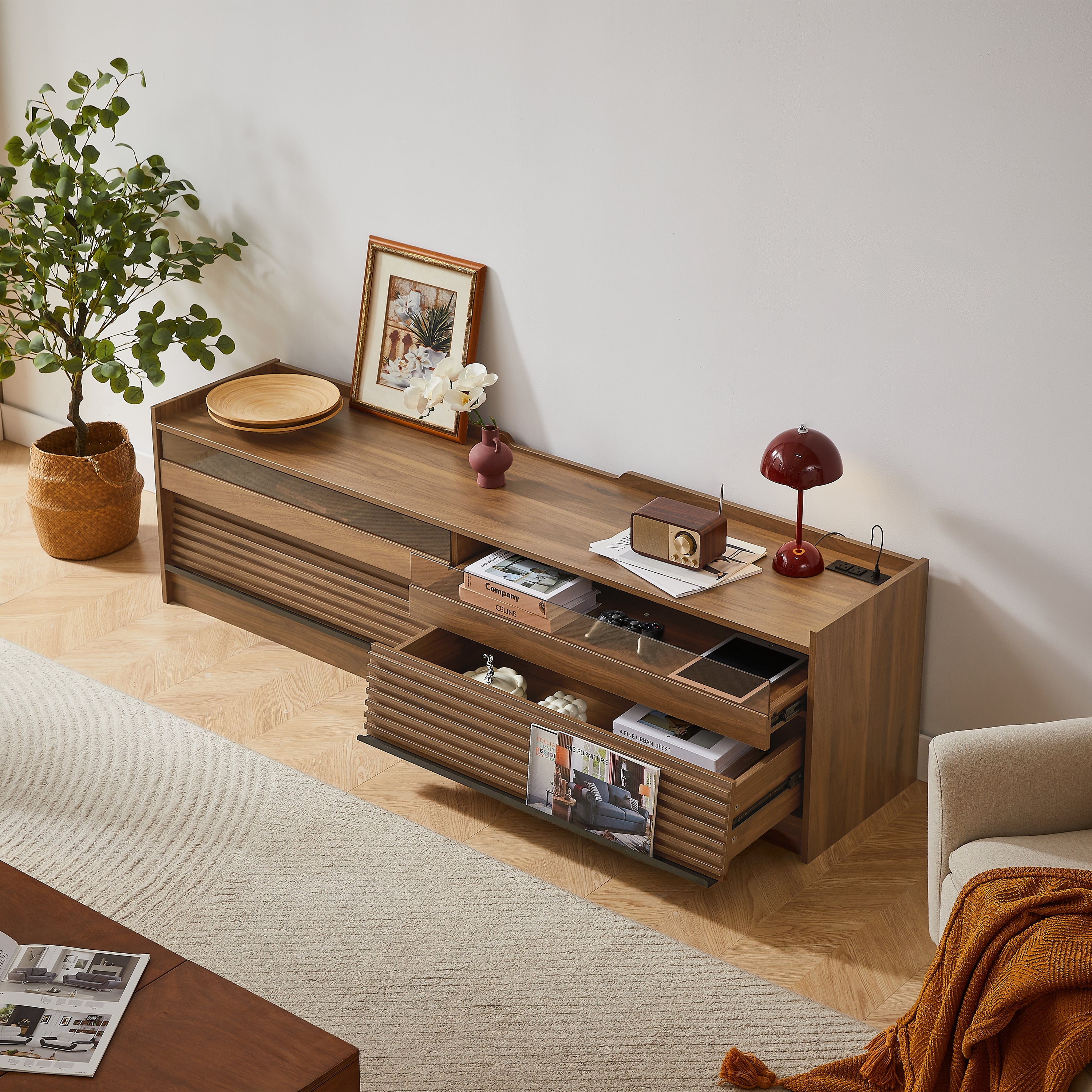 Mirod Modern TV Stand with Ample Storage,4 Drawer Design with Tempered Glass ,Built-in Charging Ports and Ambient LED Lighting ,Versatile for Any Decor Style