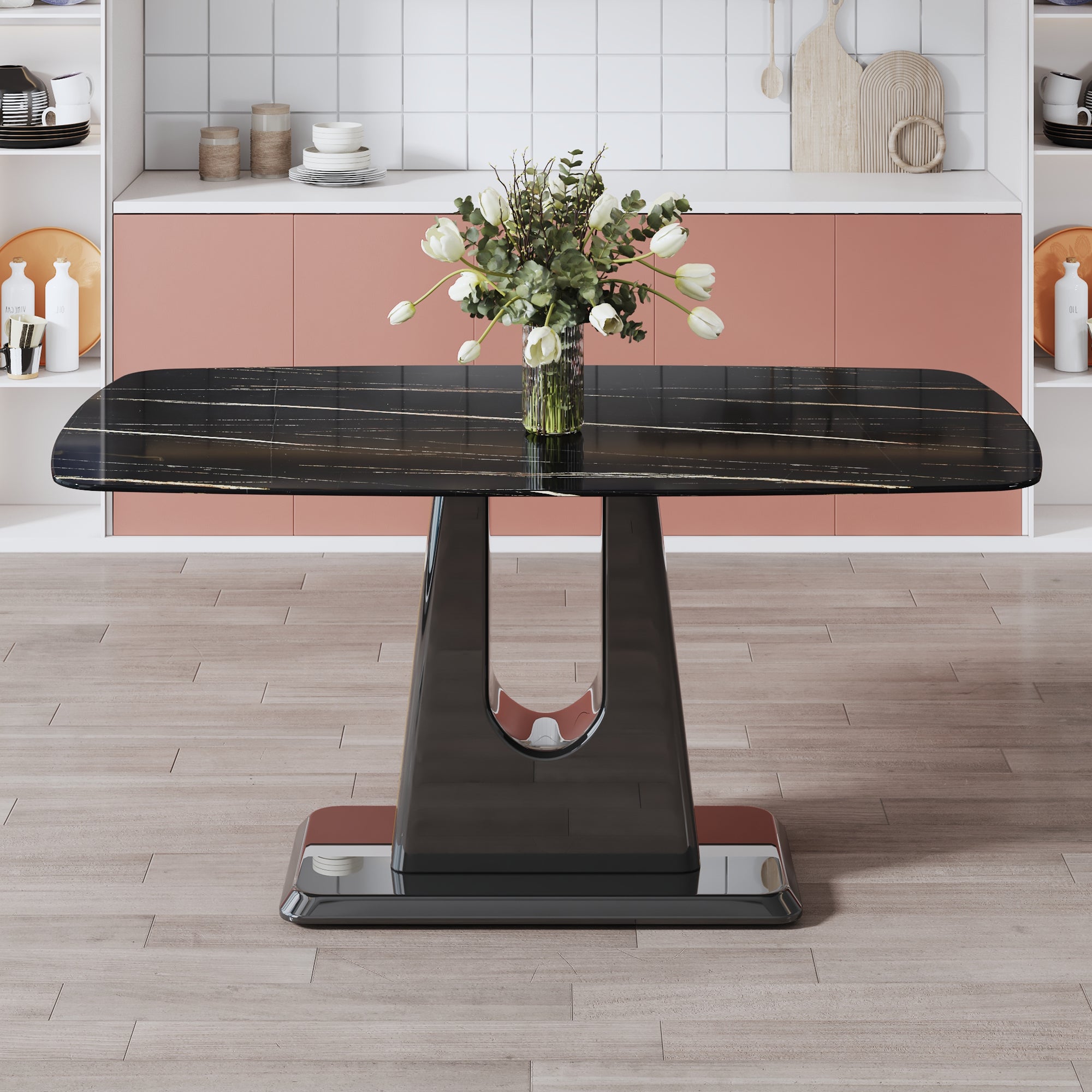 A modern, minimalist, and luxurious table. A black imitation marble tabletop with MDF U-shaped legs. Dining table, computer table. For restaurants and living rooms 63' * 35.4'* 30' F-U