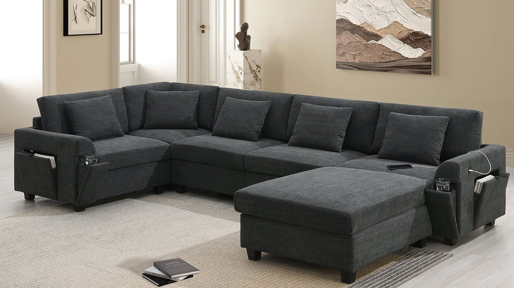 Chenille U Shaped Sectional Sofa with Ottoman and Storage, USB Ports, 2 Colors