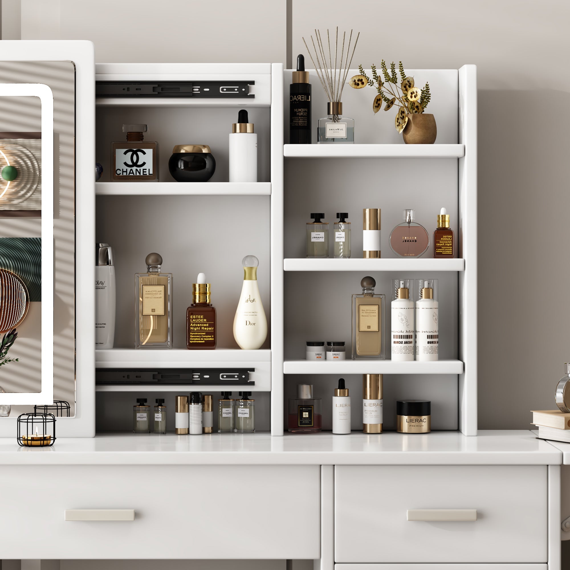 Fashion Vanity Desk with Mirror and Lights for Makeup, White MDF, 5 Drawers, Adjustable Lighting