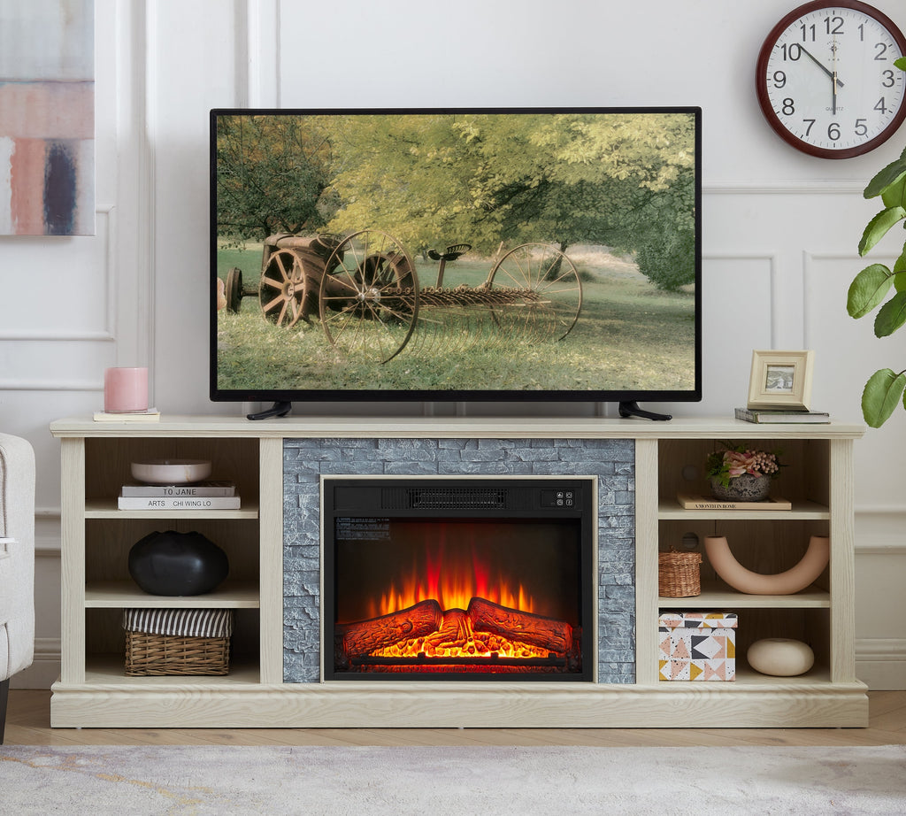 Large Faux Stacked Stone TV Desk Storage Rack, Media Console Table with Large Storage Cabinet,Modern  TV Media Stand with 23' Fireplace Insert,White, 70.12'W*15.35'D*25.83'H