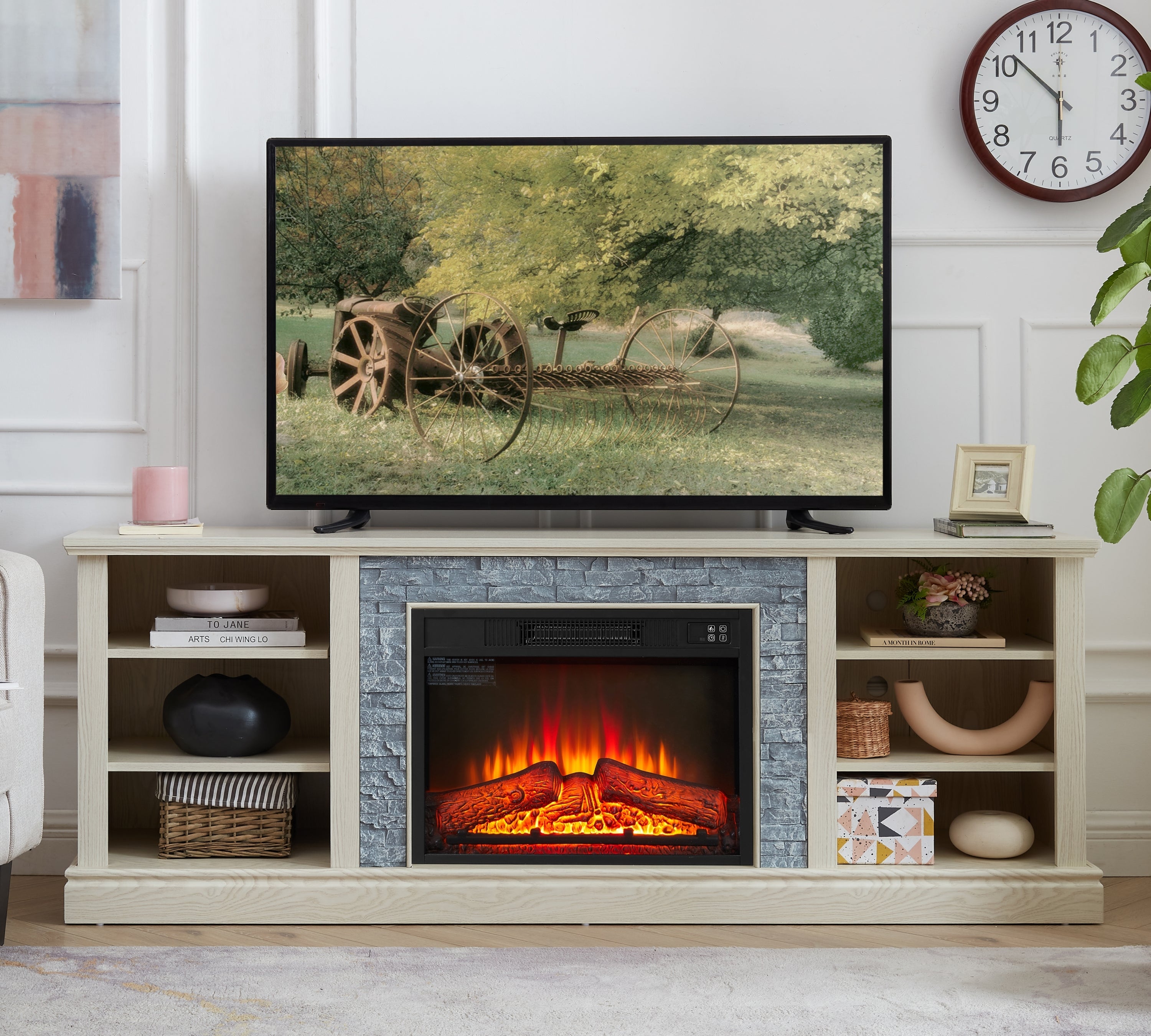 Large Faux Stacked Stone TV Desk Storage Rack, Media Console Table with Large Storage Cabinet,Modern  TV Media Stand with 23' Fireplace Insert,White, 70.12'W*15.35'D*25.83'H