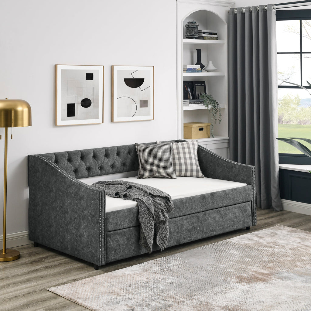 Twin Size Daybed with Twin Size Trundle Upholstered Tufted Sofa Bed, with Button on Back and Copper Nail on Waved Shape Arms, Grey (80.5'x41'x30.5')