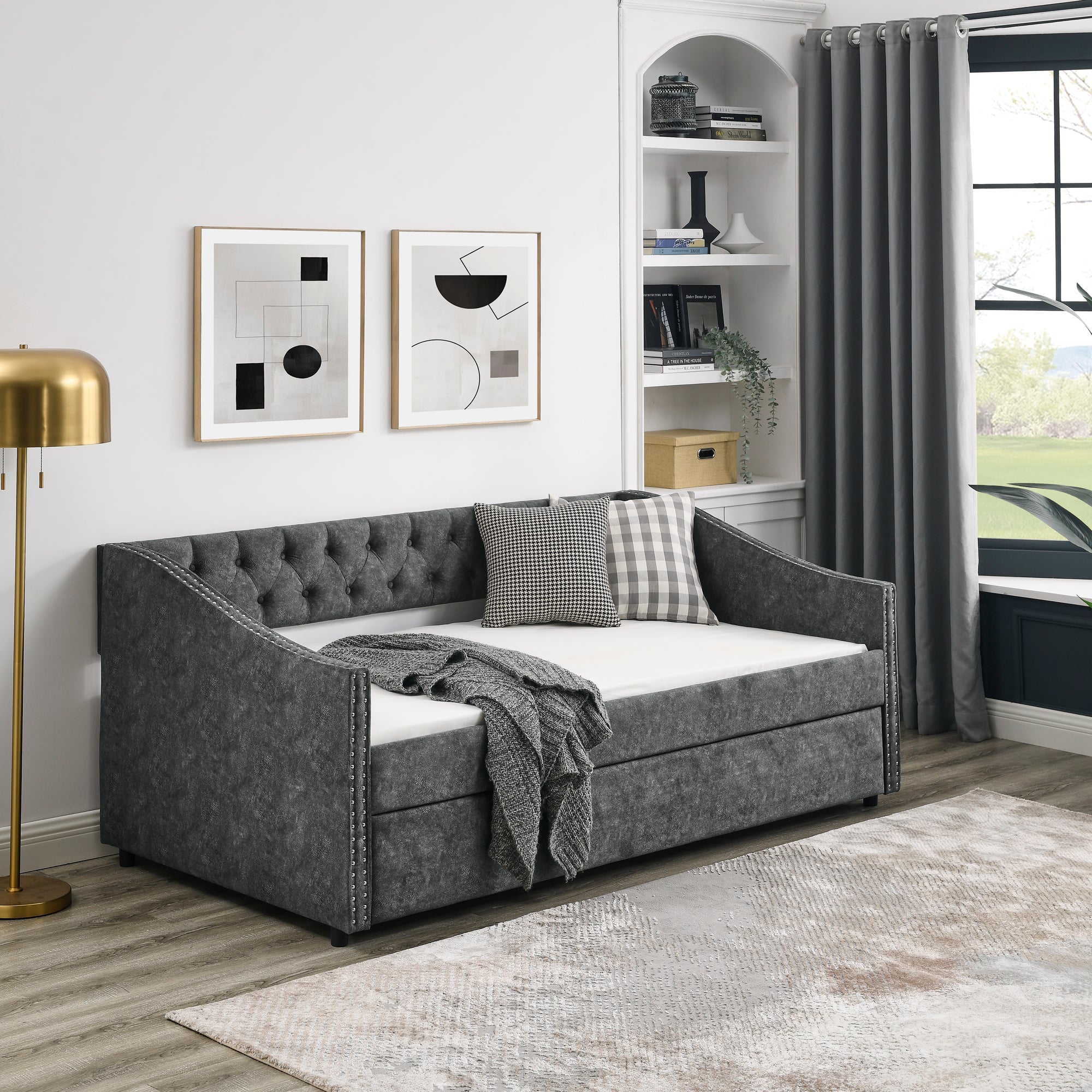 Twin Size Daybed with Twin Size Trundle Upholstered Tufted Sofa Bed, with Button on Back and Copper Nail on Waved Shape Arms, Grey (80.5'x41'x30.5')