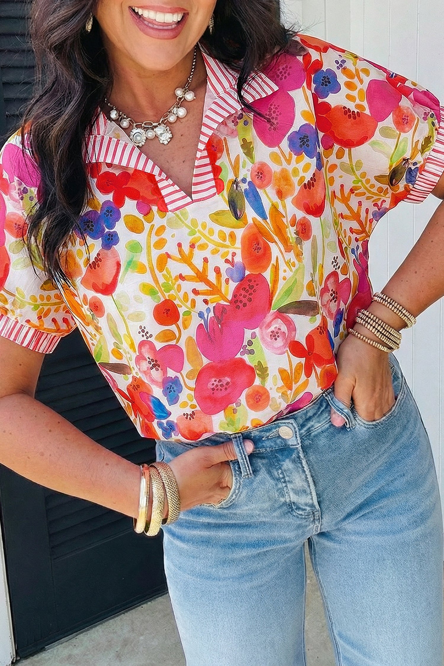 Floral Stripe Trim Collared V-Neck Blouse