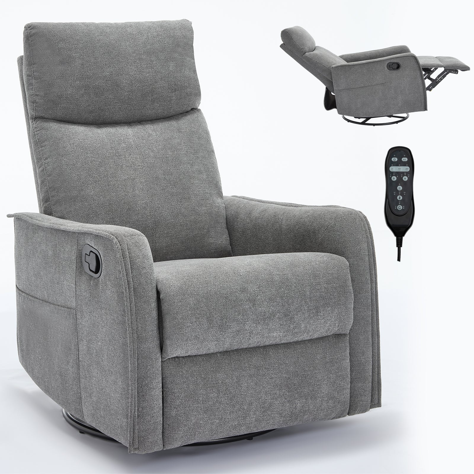 Heat Massage Manual Recliner Chair with Rocker and Swivel in Fabric for Living Room, Grey