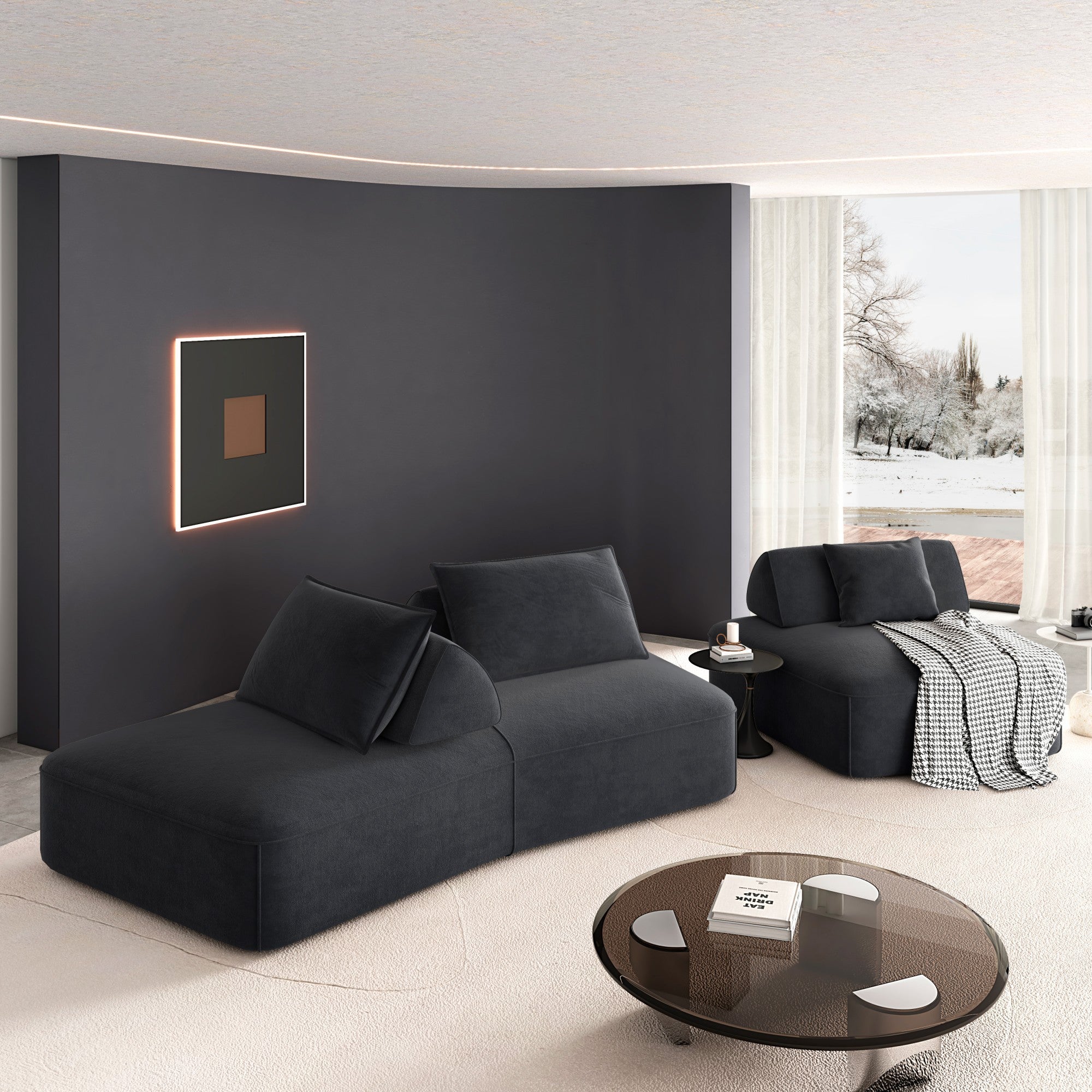 139' Modern Light Luxury Oversized Modular Sectional Sofa Set,DIY Upholstered Fluffy Chenille Sofa with Removable Backrests and Soft Pillows,Deep Seat Couch & Sofa Bed for Living Room,Office,Dark Grey