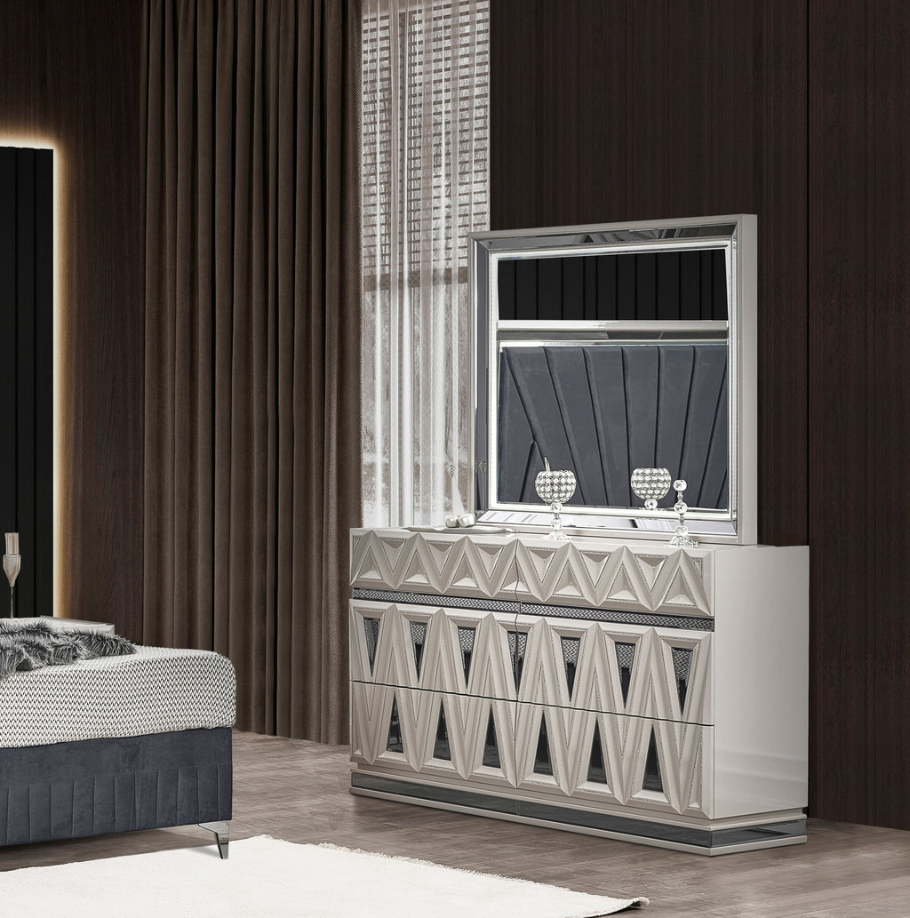 Lavita Modern & Contemporary Style 4 Pc Queen Upholstered Bedroom Set Made with Wood and Gold Accents in River Sand Grey (NJ Inventory)