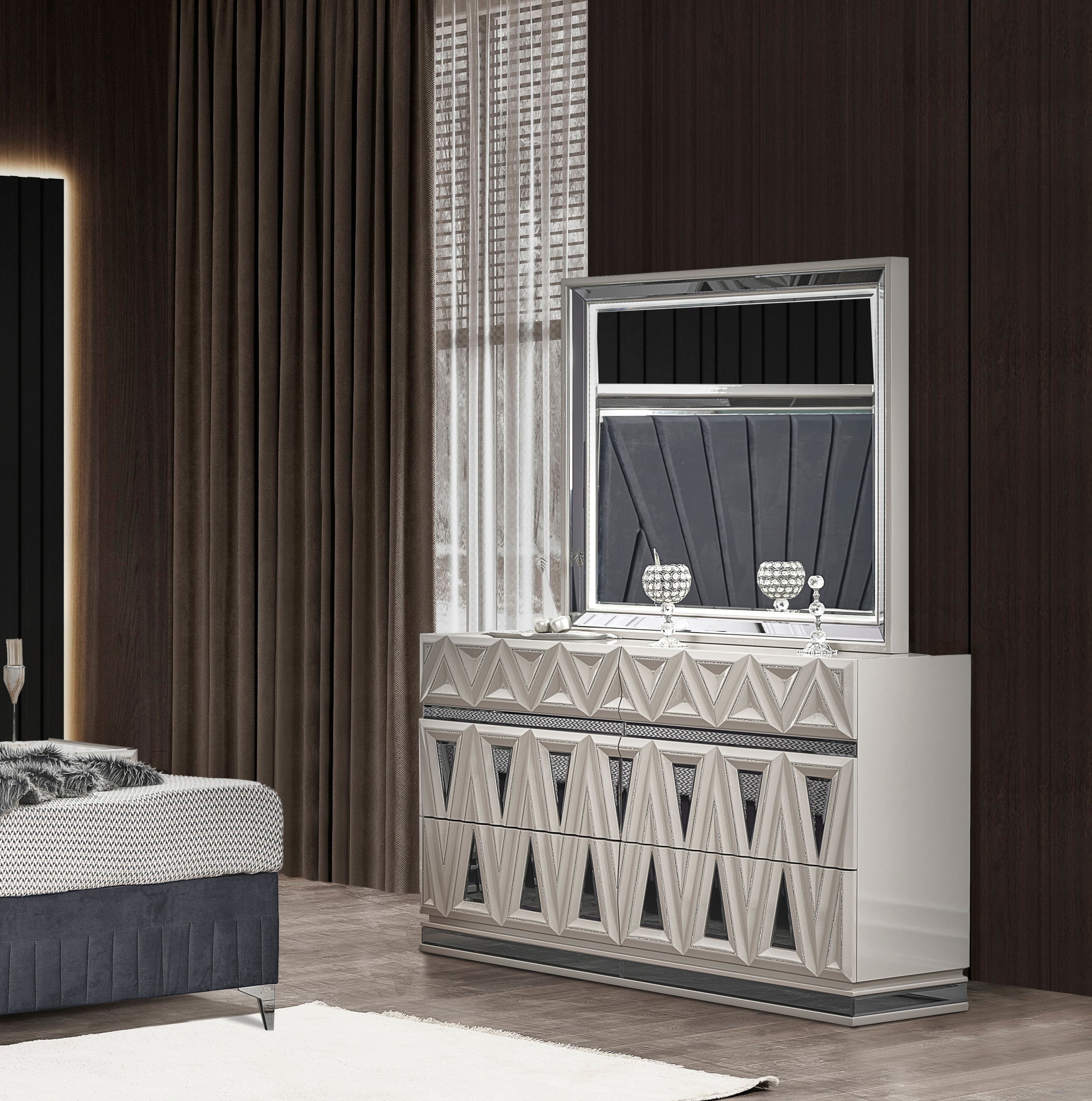 Lavita Modern & Contemporary Style 4 Pc Queen Upholstered Bedroom Set Made with Wood and Gold Accents in River Sand Grey (CA Inventory)