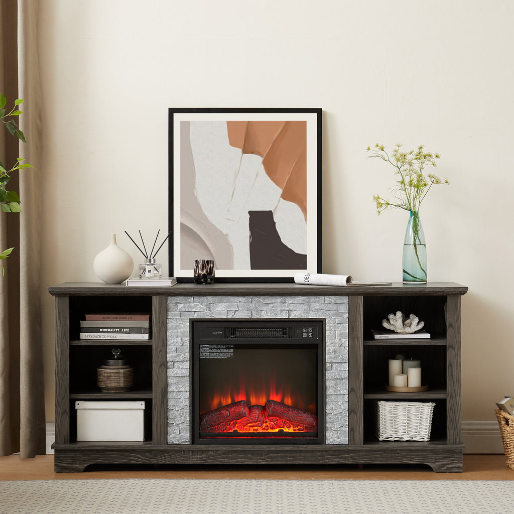 Mantel Electric Fireplace Stone TV Media Stand with Faux Stacked Stone Surround, Modern Entertainment Console with Open Storage Space with 18' Fireplace Insert ,Grey, 58.31'W*15.39'D*26.06'H