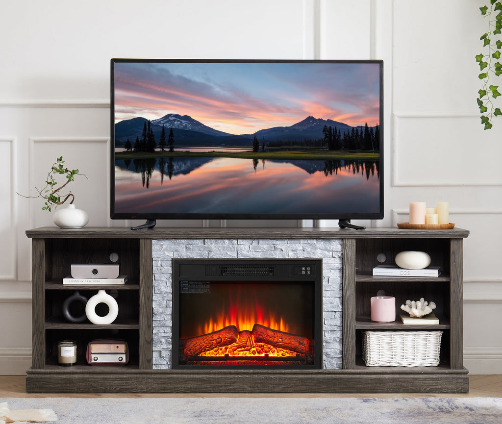 Large TV Desk Storage Rack with Faux Stacked Stone Surround,Media Console Table with Large Storage Cabinet,Modern  TV Media Stand with 23' Fireplace Insert,Cherry, 70.12'W*15.35'D*25.83'H