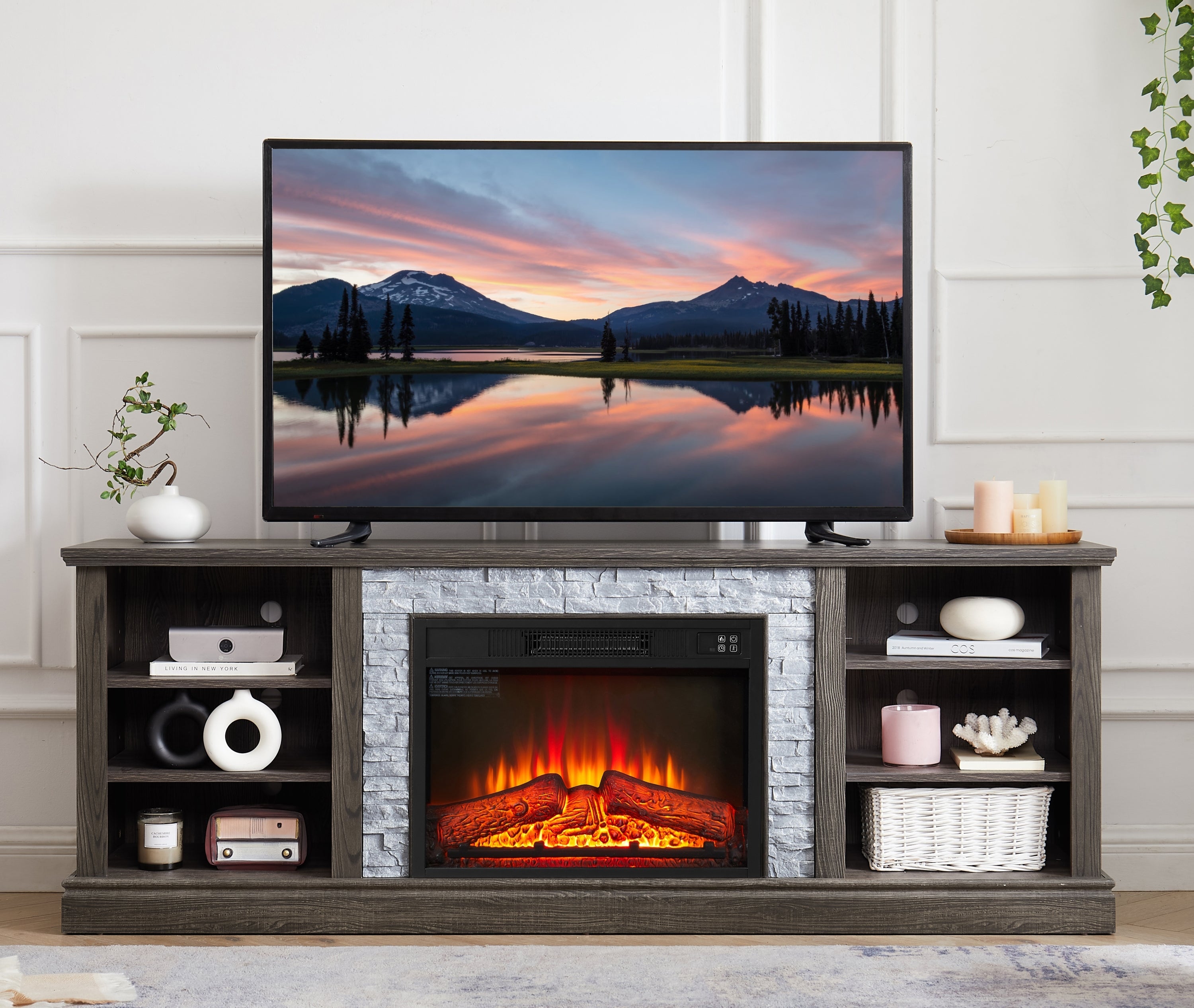 Large TV Desk Storage Rack with Faux Stacked Stone Surround,Media Console Table with Large Storage Cabinet,Modern  TV Media Stand with 23' Fireplace Insert,Cherry, 70.12'W*15.35'D*25.83'H