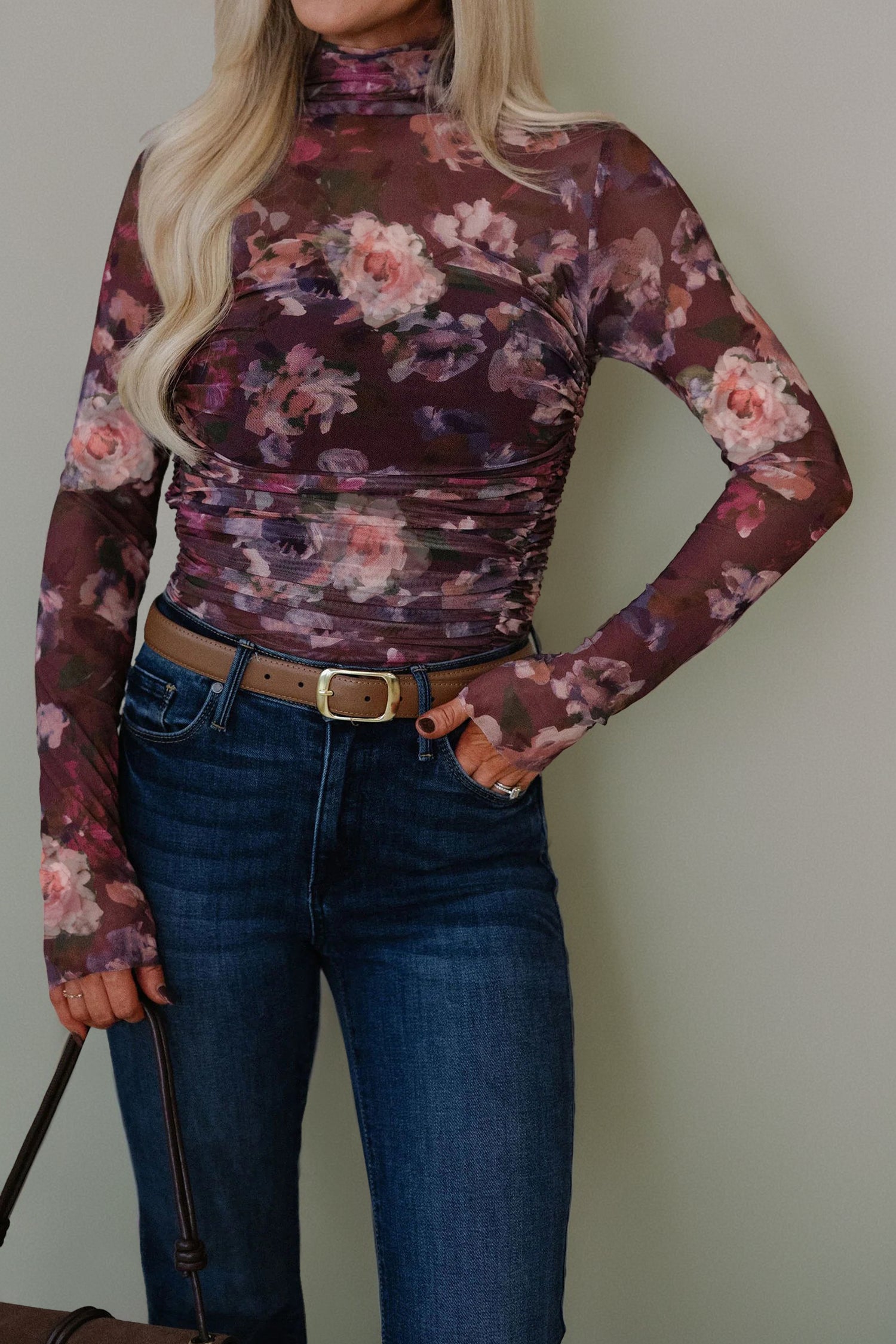 Floral Mesh Turtleneck Long Sleeve Ruched Top