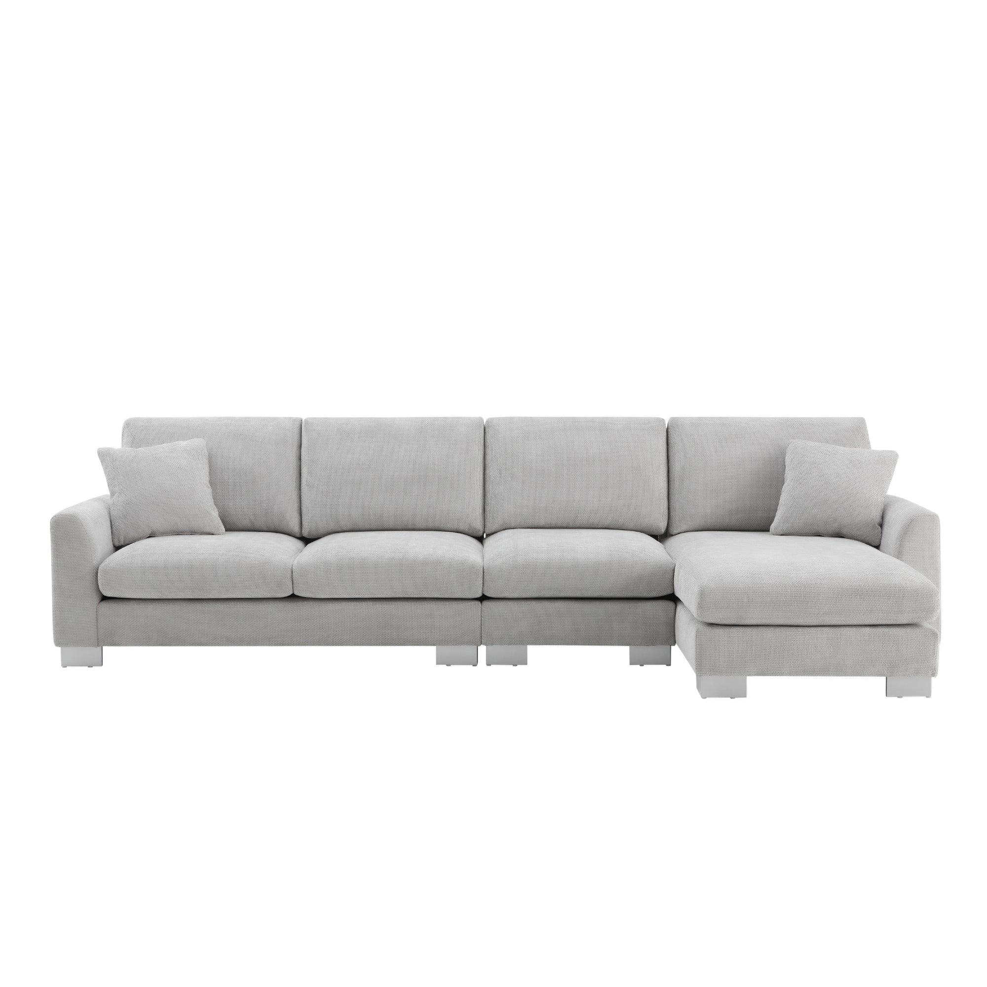 Modern Oversized L-shaped Sectional Sofa with Chaise and Free Pillows, Chenille Fabric, 119*55 Inches, Light Gray