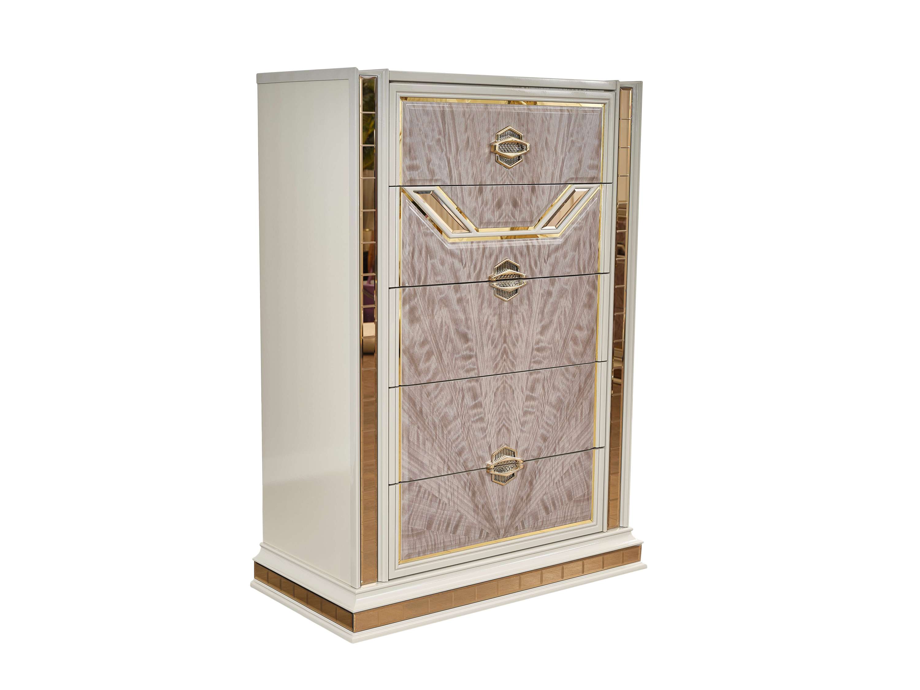 Omari Modern Style 5 Pc King Upholstered Bedroom Set Made with Wood and Gold Accents in Beige (CA Inventory)