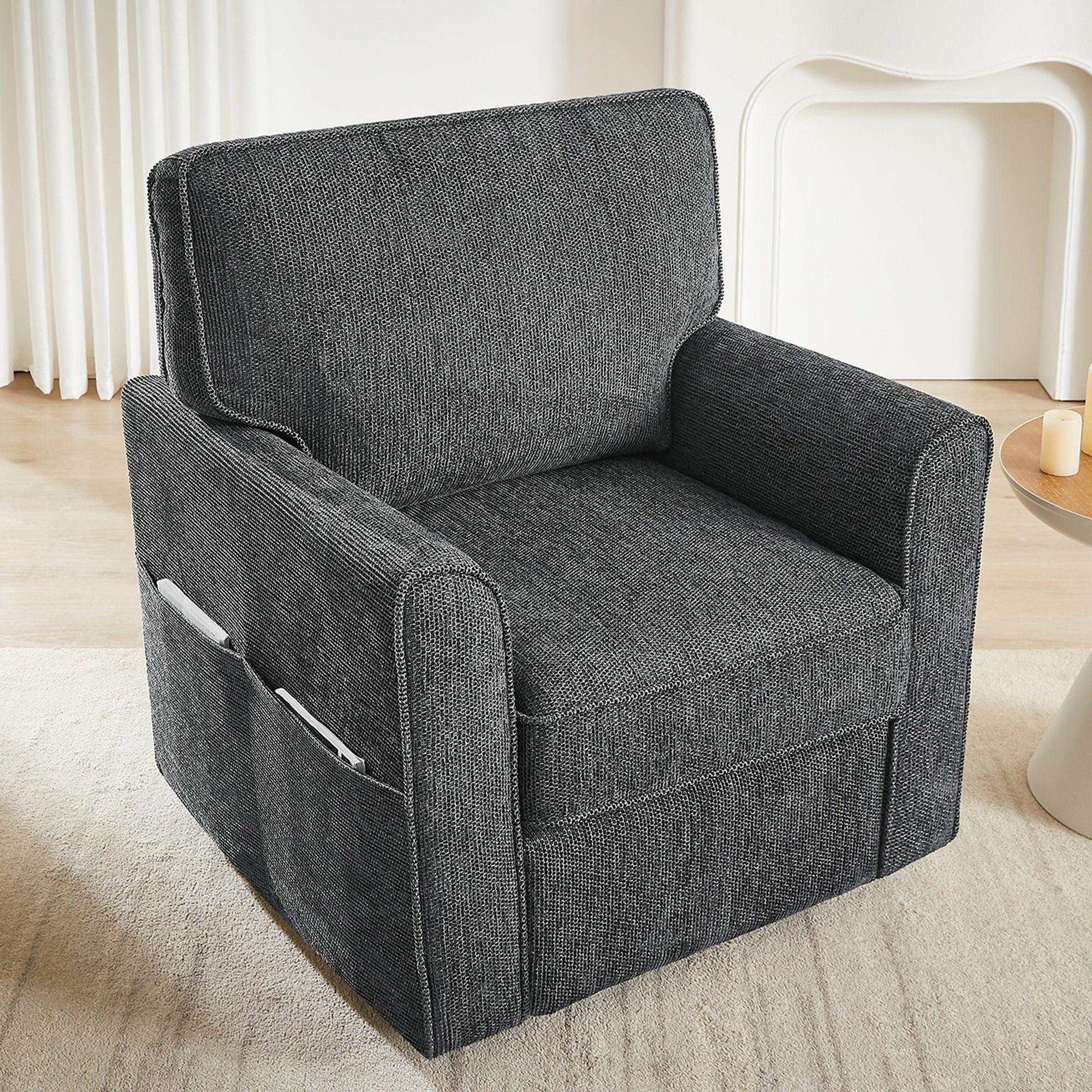 360° Swivel Chair Accent Barrel Armchair with Side Pockets, Grey Chenille, Compact Design for Living Room, Bedroom, Office