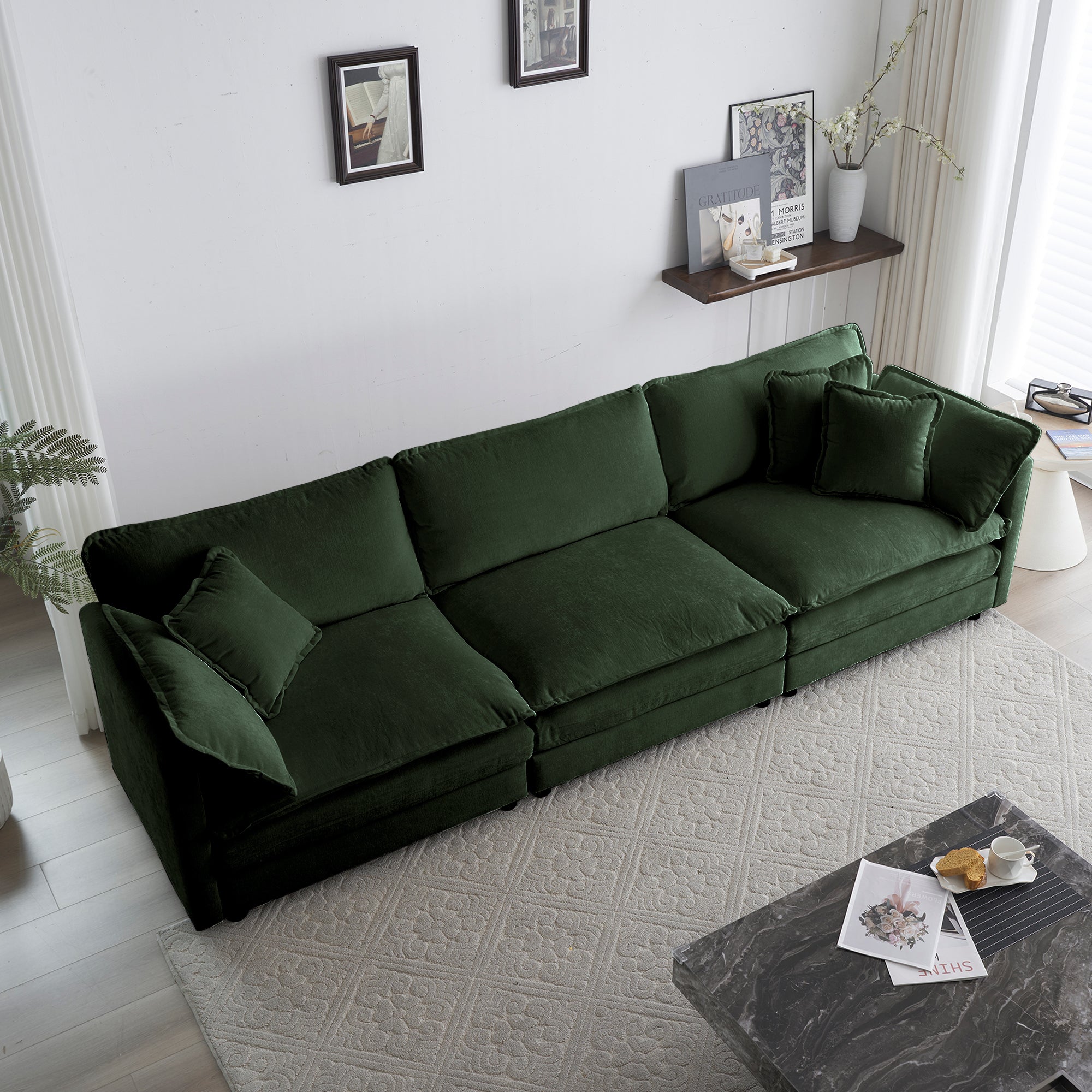 Modern Sofa Couch, 3 Piece Set Extra Deep Seat Sectional Sofa for Living Room, Oversized Sofa, 3 Seat Sofa, Loveseat and Single Sofa, Green Chenille