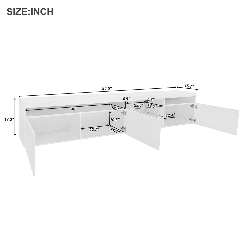 ON-TREND Unique Design TV Stand with 2 Glass Shelves, Ample Storage Space Media Console for TVs Up to 105', Versatile TV Cabinet with LED Color Changing Lights for Living Room, White