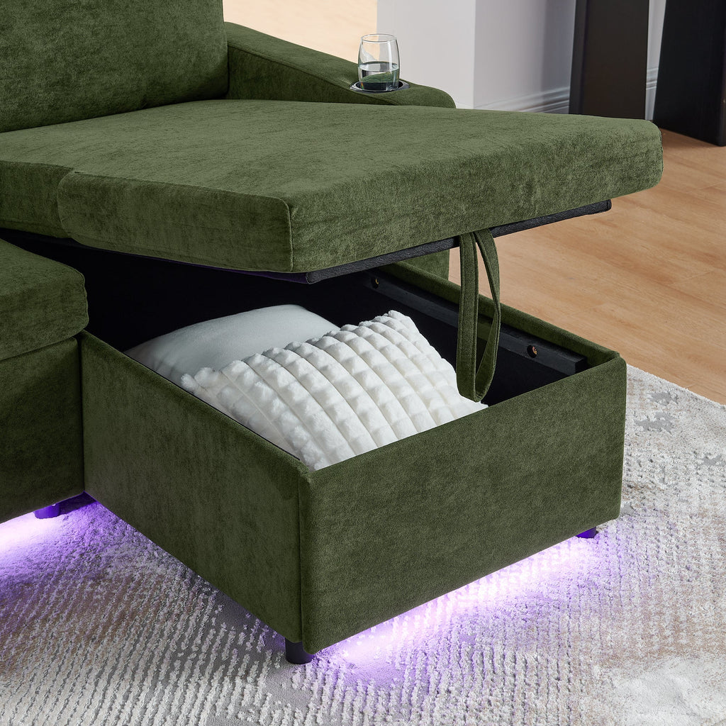 Modern Chenille Multi-functional Pull-Out Bed Sofa with Retractable Table and LED Lighting, USB Charging Ports and Cup Holders, Green