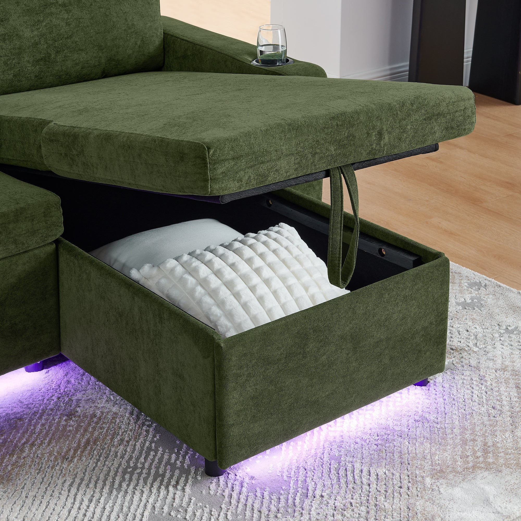 Modern Chenille Multi-functional Pull-Out Bed Sofa with Retractable Table and LED Lighting, USB Charging Ports and Cup Holders, Green