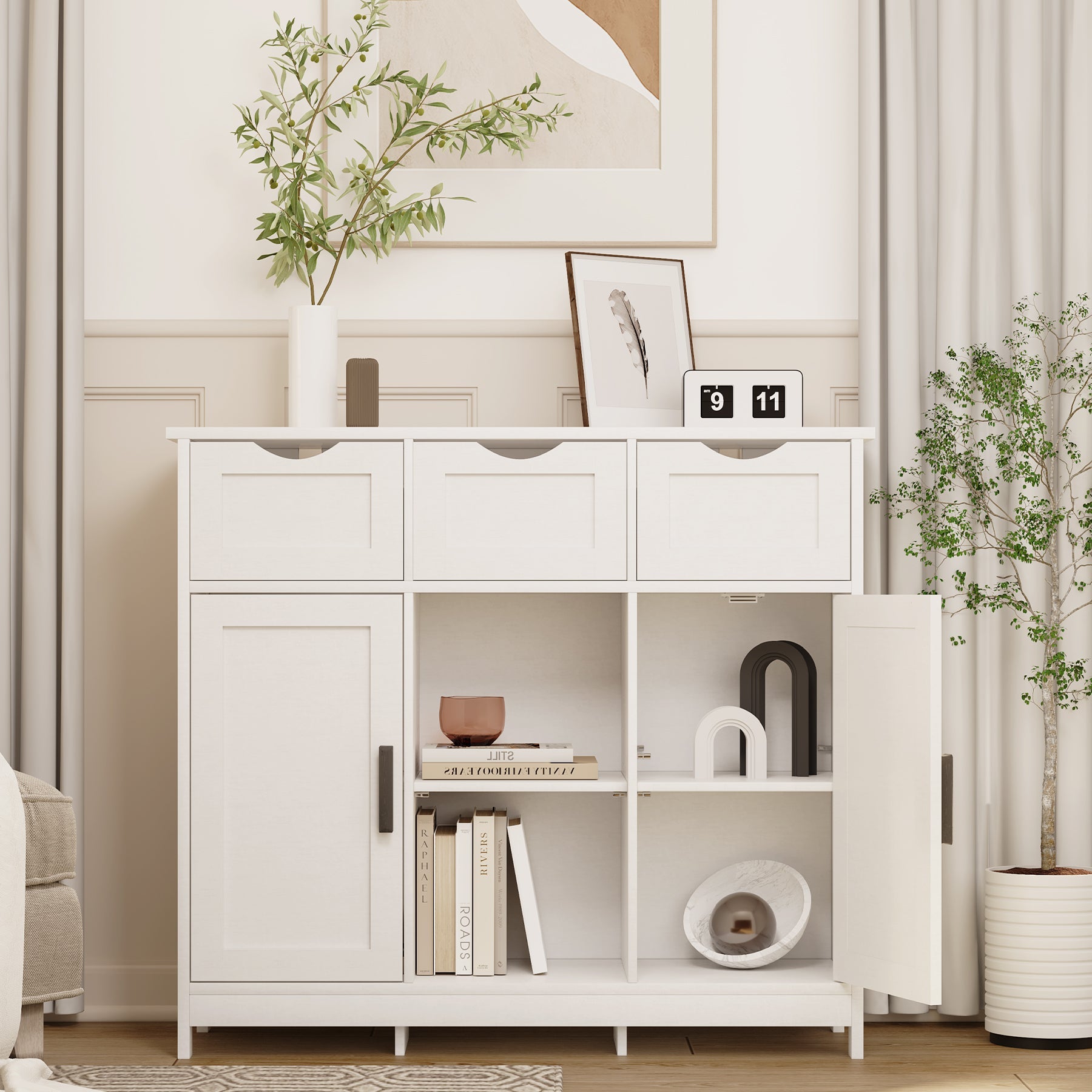 White Wooden Floor Storage Cabinets with Drawers and Shelves, Accent Cabinet for Home Decor