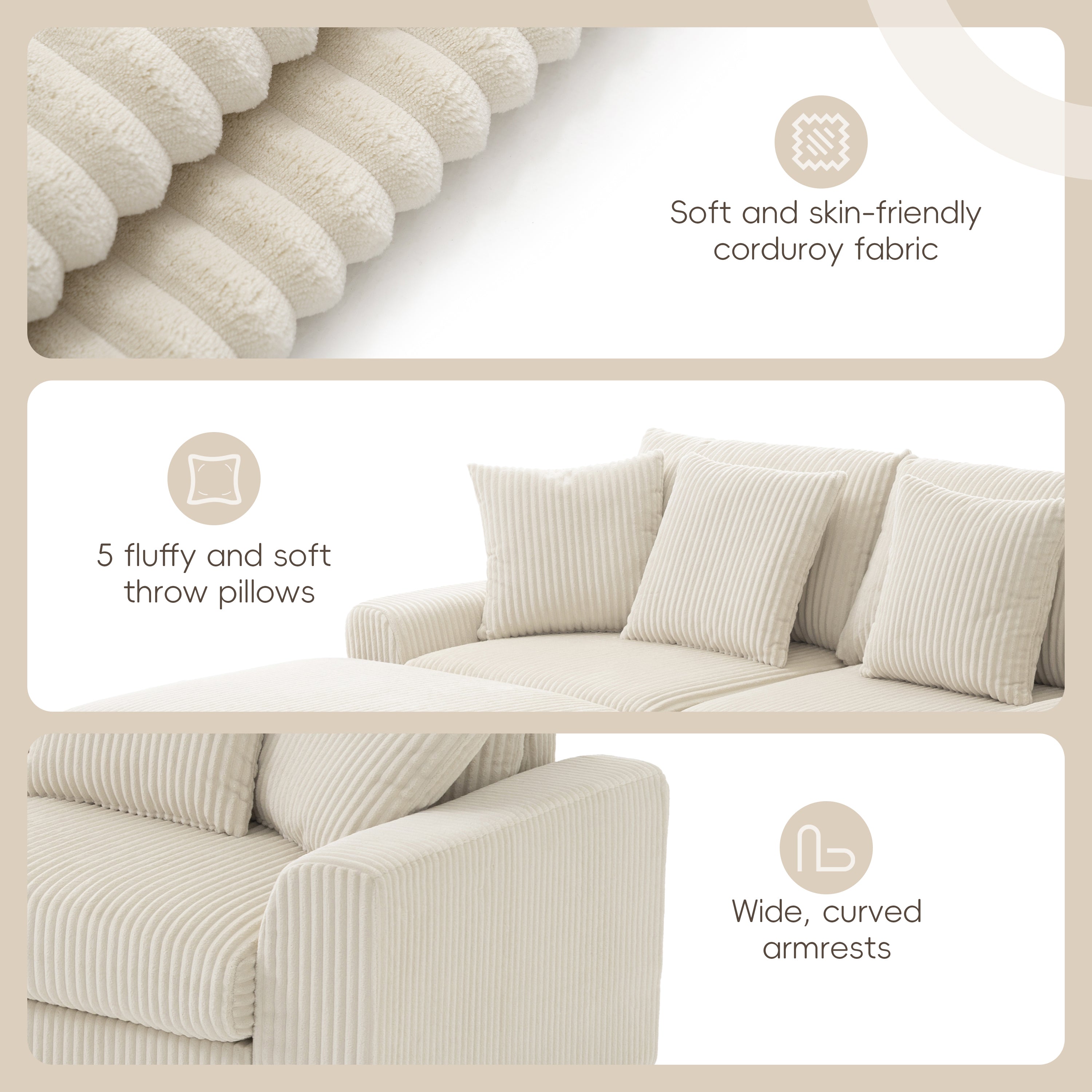 Modular Corduroy Sectional Sofa with Bluetooth Speakers, USB Charger, Cup Holders, Storage, Ottoman, 114*64'' Cream