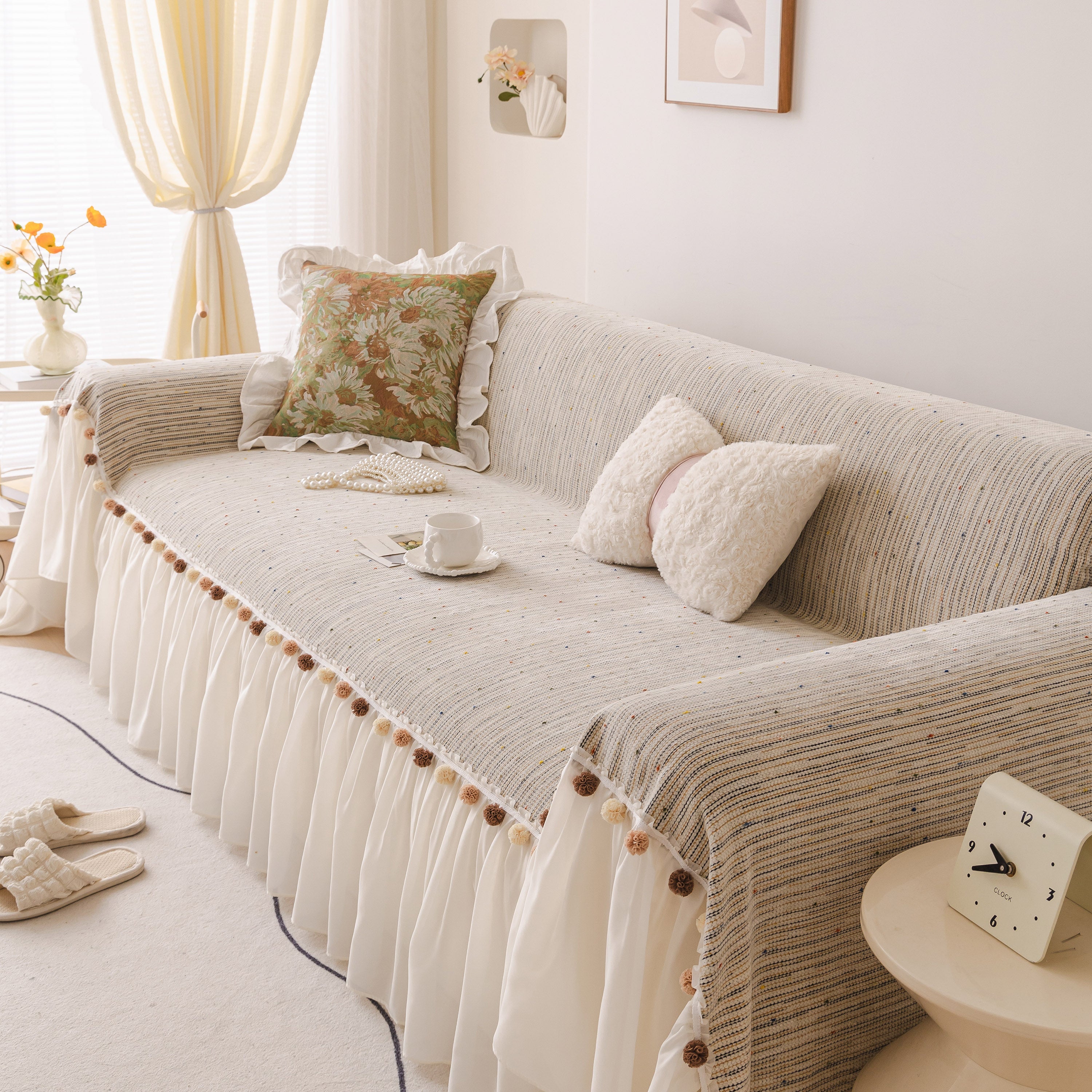 Boho Couch Cover with Knitted Stripes, Chiffon Skirt & Pom Fringe, Pet-Friendly Throw