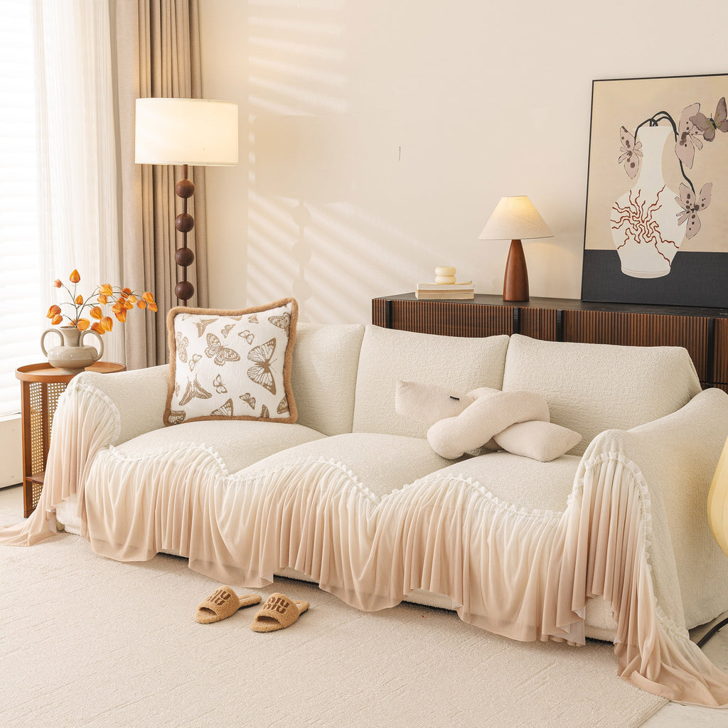 Luxury Sofa Throw Cover with Elegant Ruffled Skirt, Soft Decorative Couch Protector