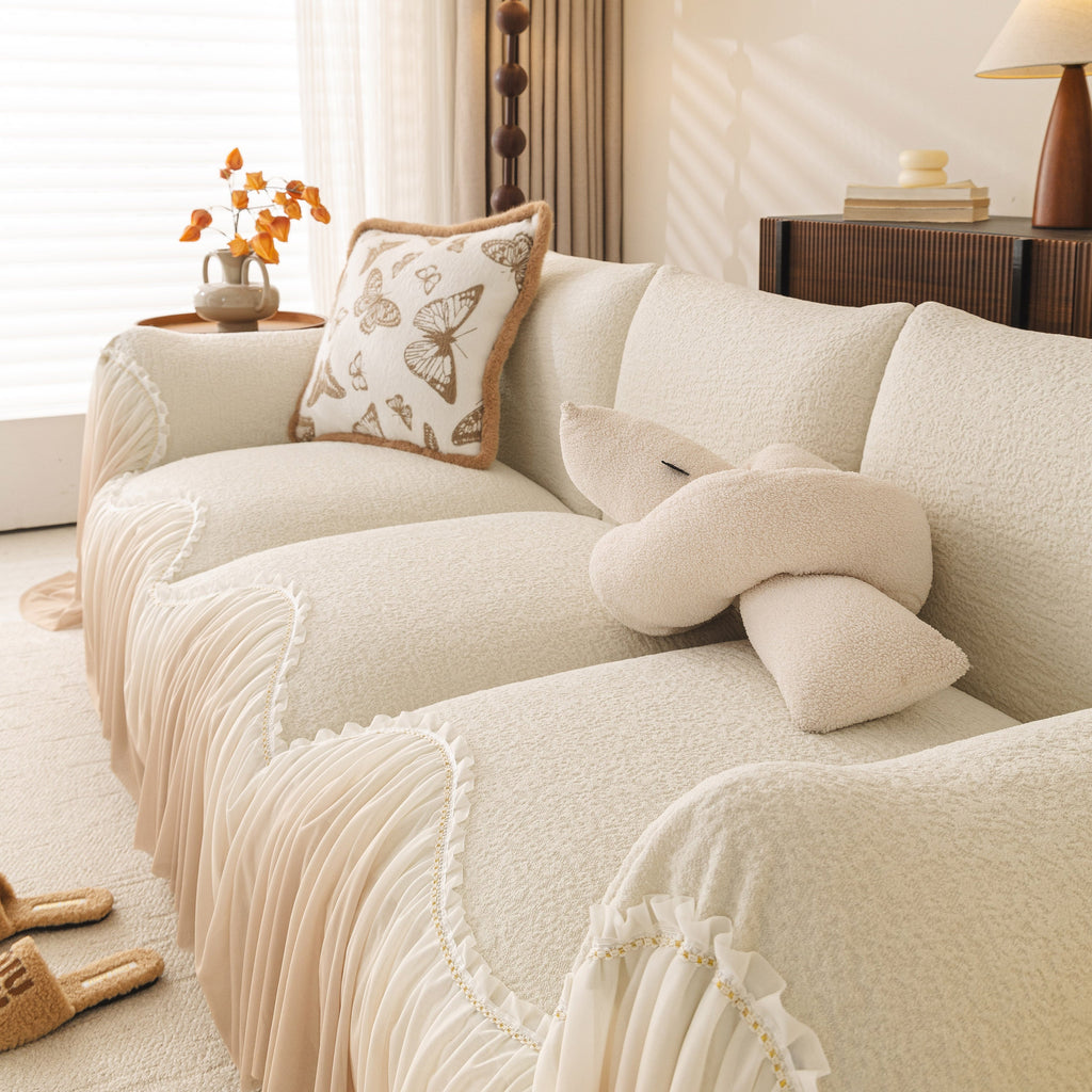 Luxury Sofa Throw Cover with Elegant Ruffled Skirt, Soft Decorative Couch Protector