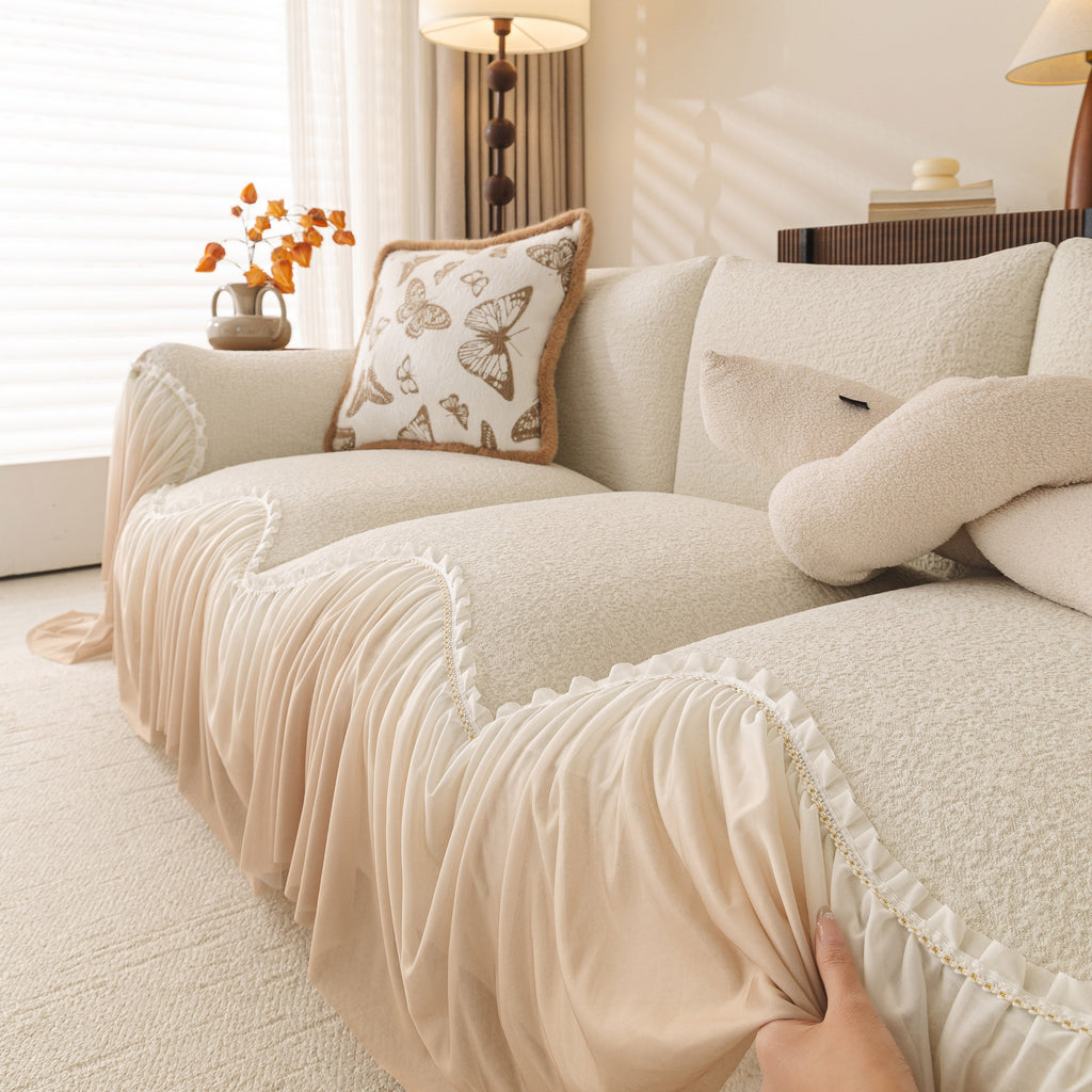 Luxury Sofa Throw Cover with Elegant Ruffled Skirt, Soft Decorative Couch Protector