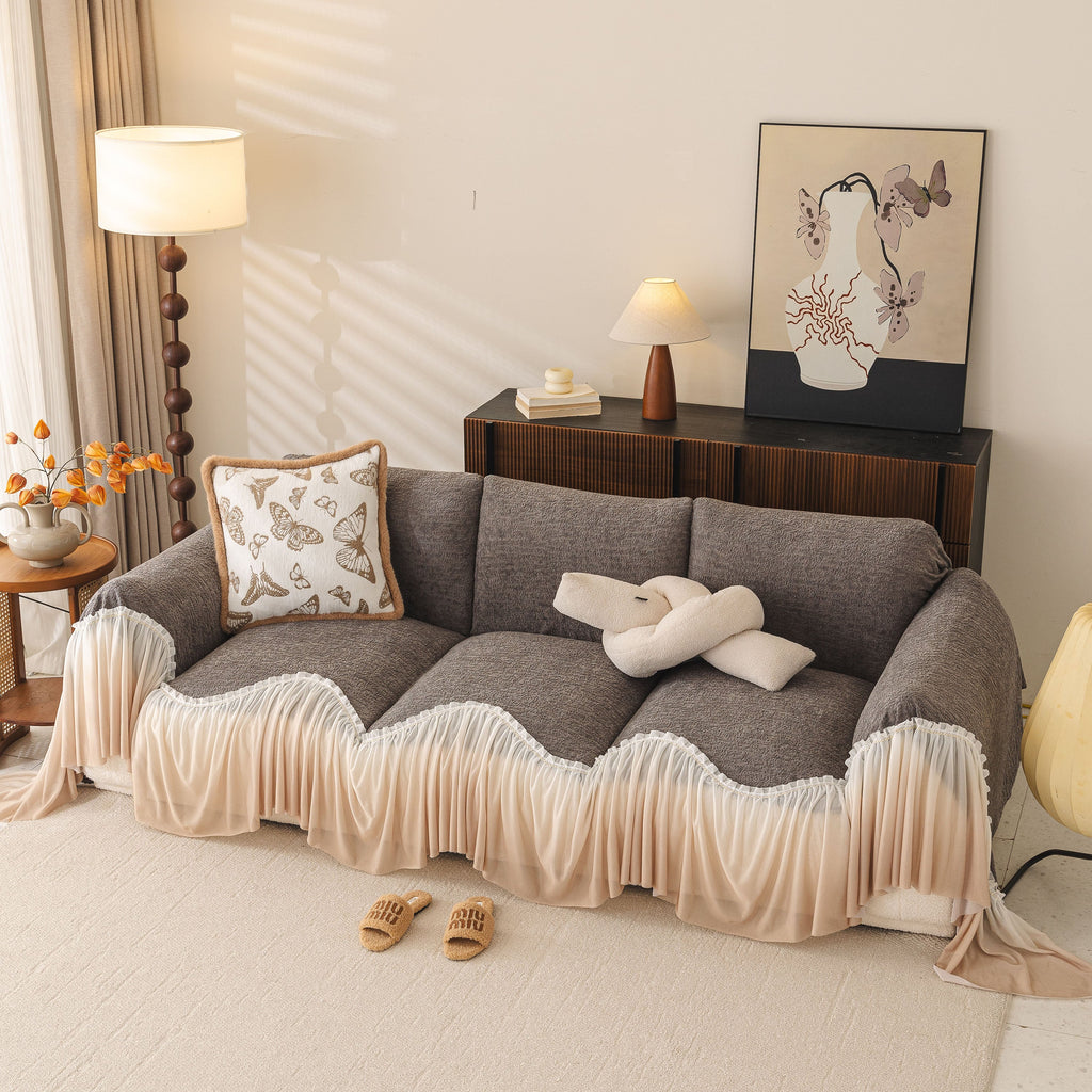 Luxury Sofa Throw Cover with Elegant Ruffled Skirt, Soft Decorative Couch Protector