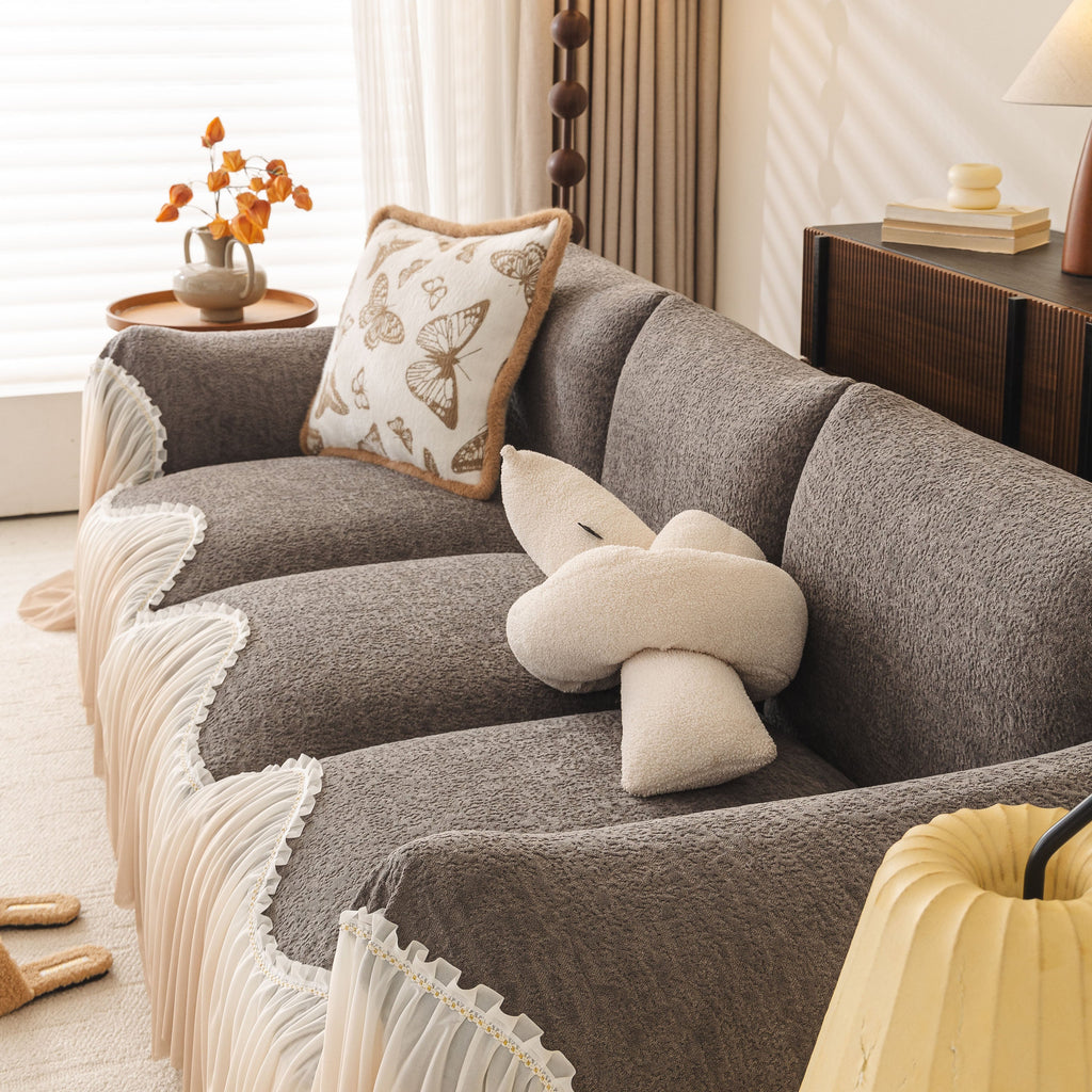 Luxury Sofa Throw Cover with Elegant Ruffled Skirt, Soft Decorative Couch Protector