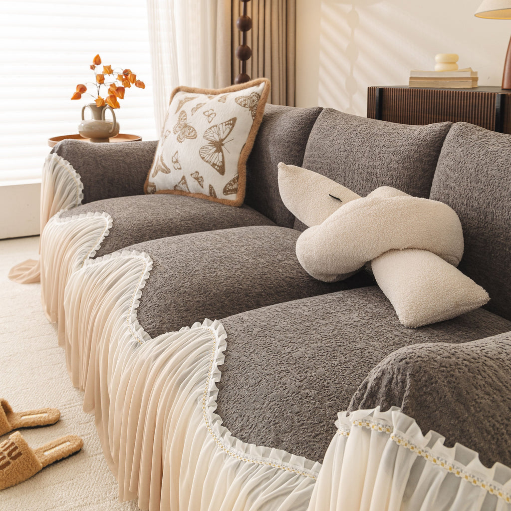 Luxury Sofa Throw Cover with Elegant Ruffled Skirt, Soft Decorative Couch Protector