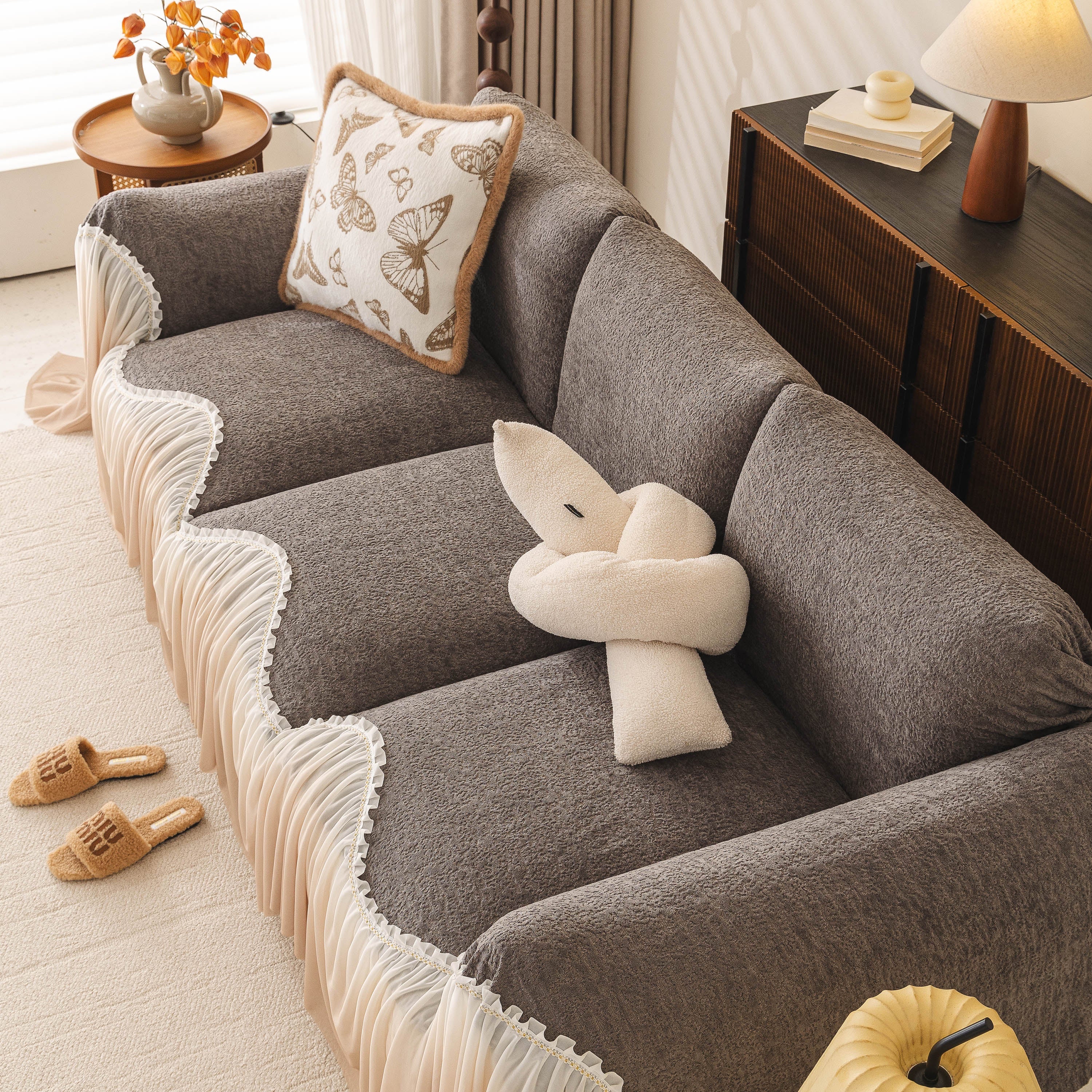 Luxury Sofa Throw Cover with Elegant Ruffled Skirt, Soft Decorative Couch Protector