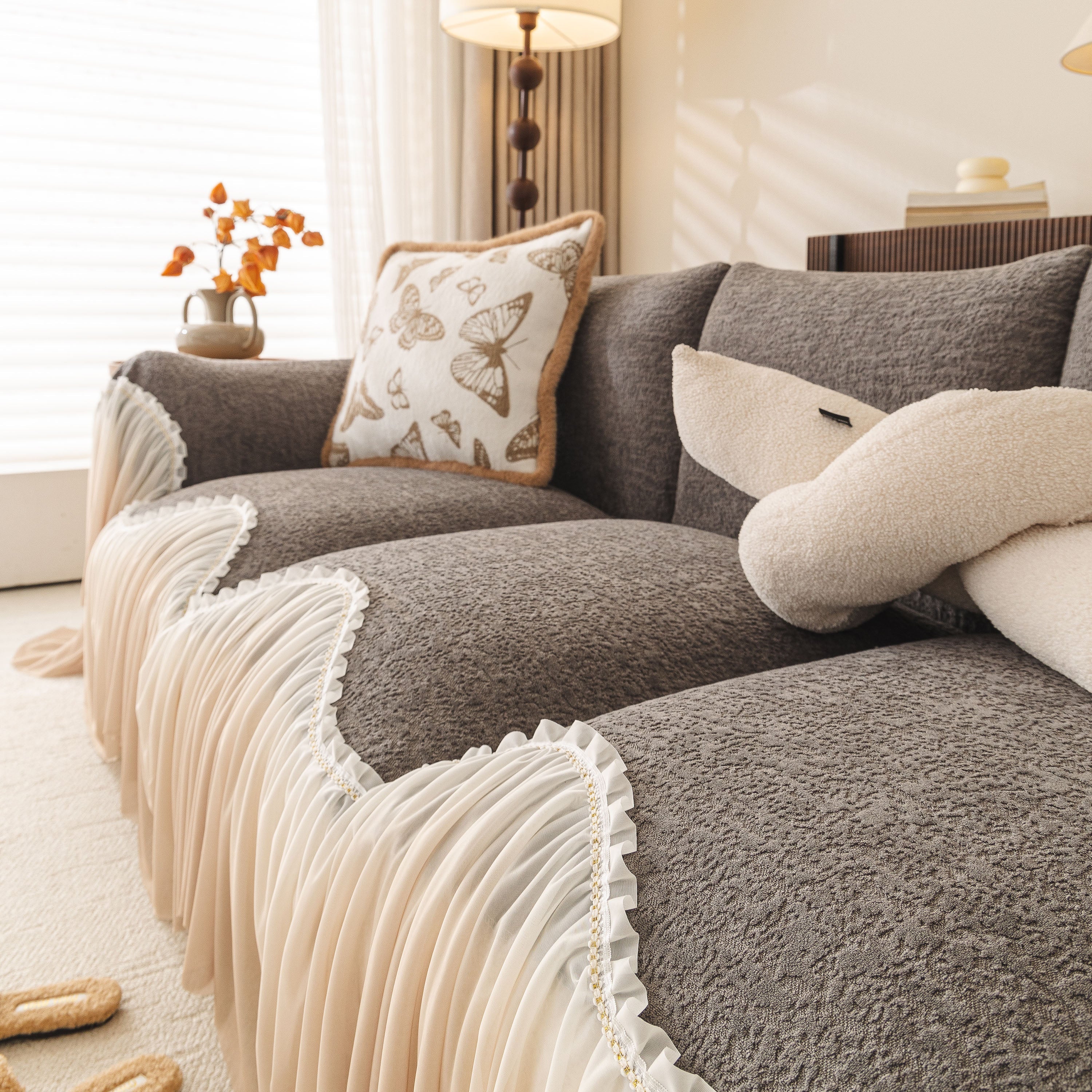 Luxury Sofa Throw Cover with Elegant Ruffled Skirt, Soft Decorative Couch Protector