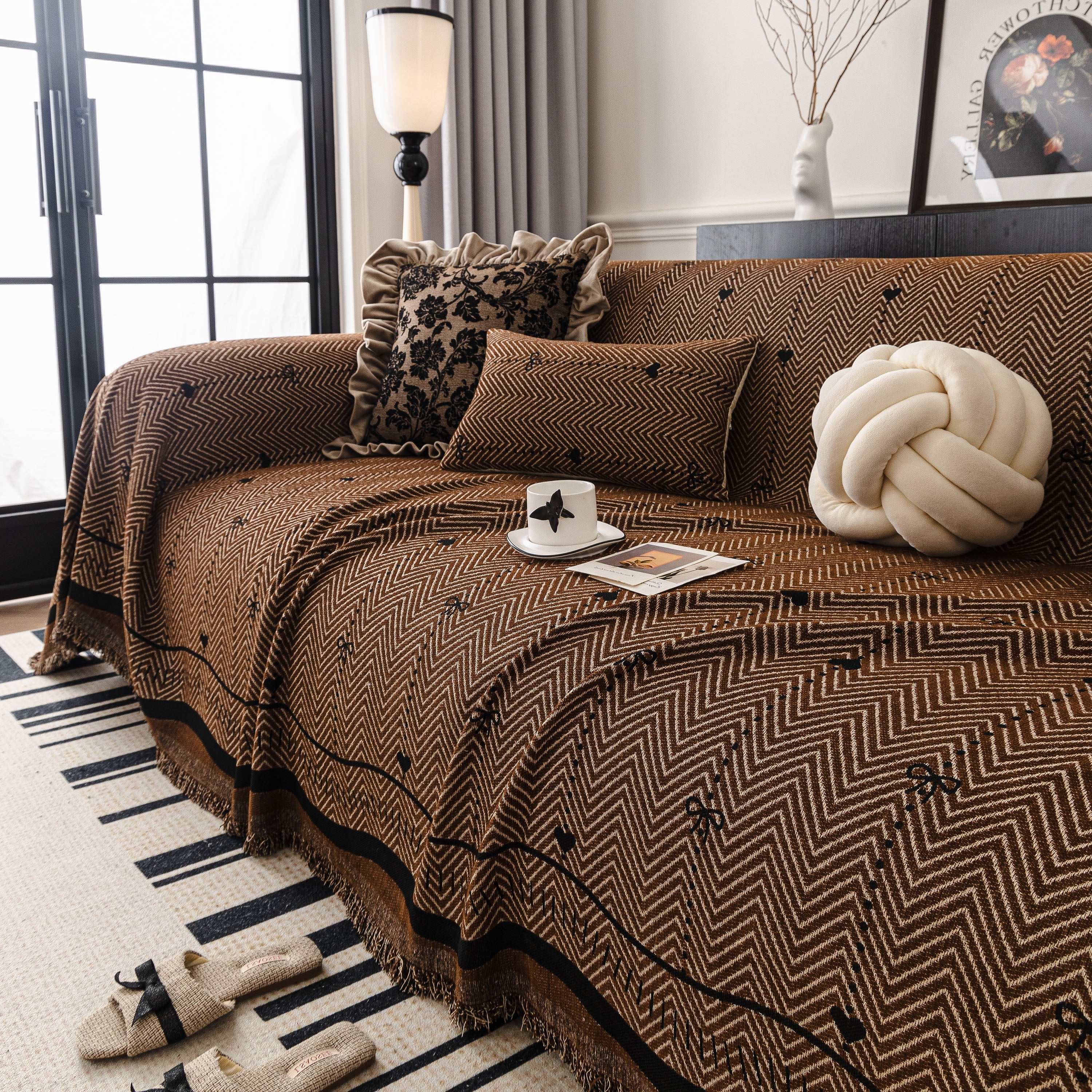 Chenille Couch Throw Cover Decorative Herringbone Sofa Blanket Protector for Couch