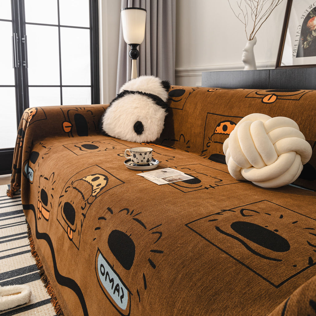 Cute Chenille Couch Cover Throw, Cartoon Soft Washable Sofa Cover for Sectional Sofas