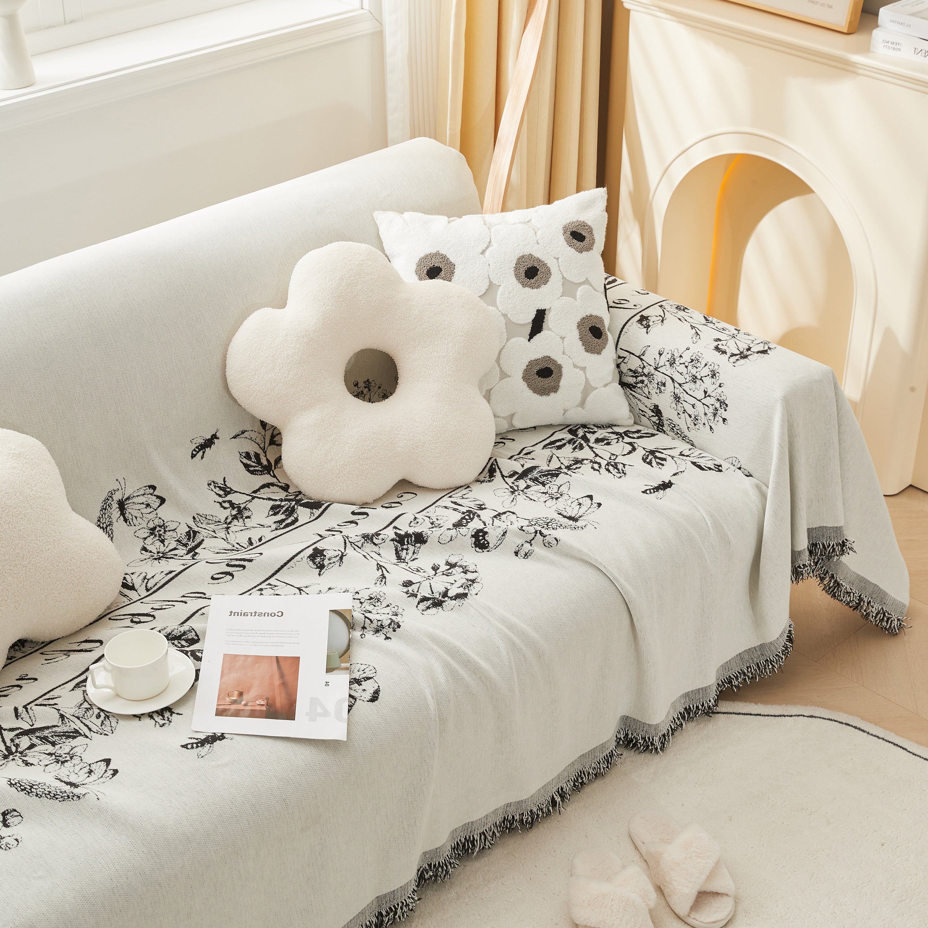Chenille Butterfly Sofa Cover Blanket, L Shaped Couch Cover, Reversible Couch Protector