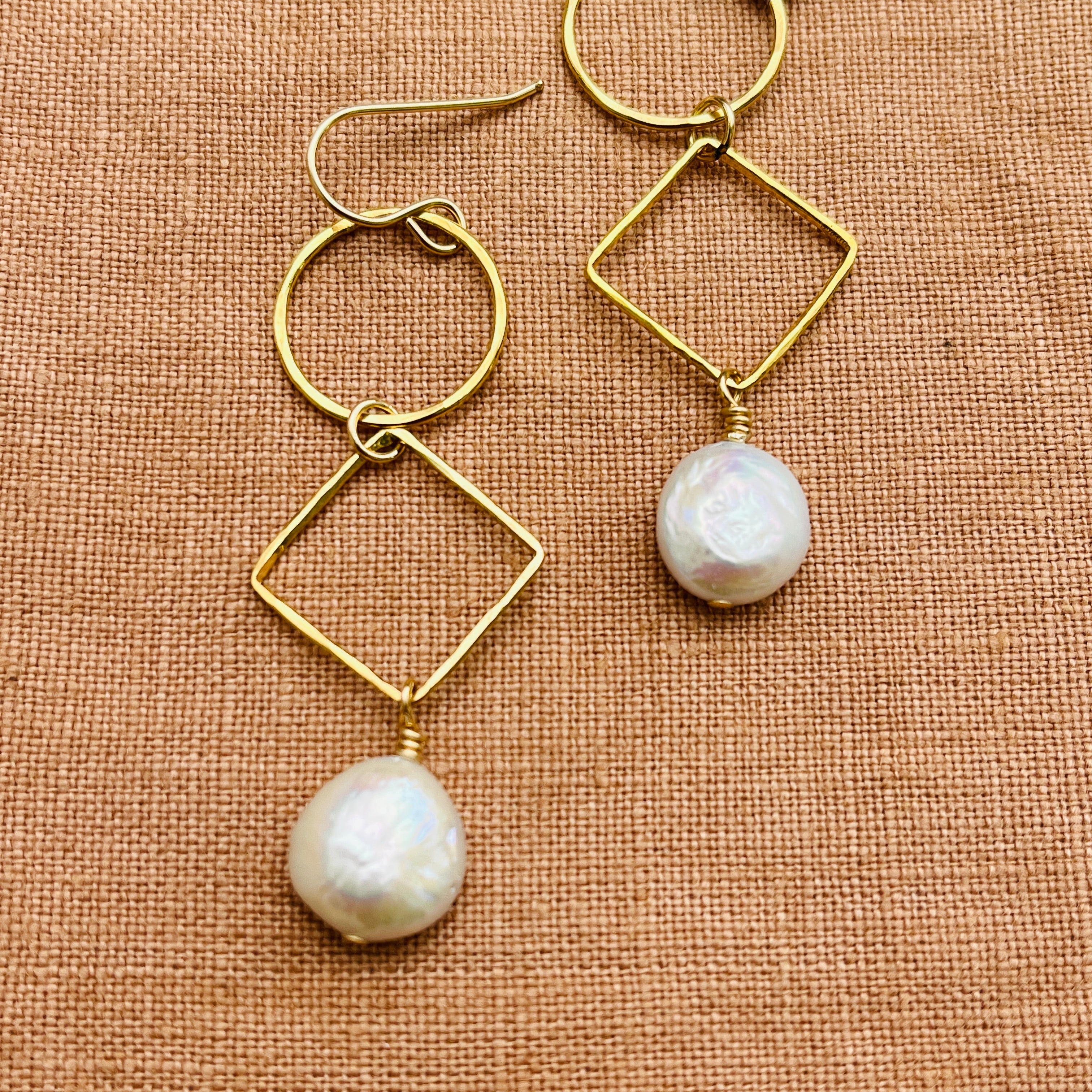 14k gold filled CIRCLE AND DIAMOND DANGLE COIN PEARL EARRINGS