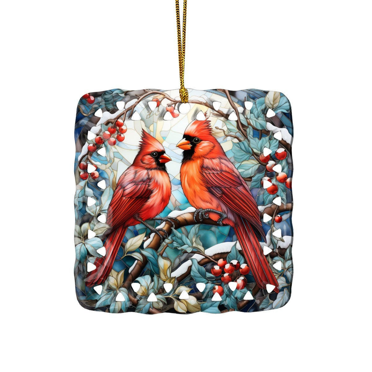 Stained Glass Cardinals in Winter Printed Square Cutout Ceramic Ornament