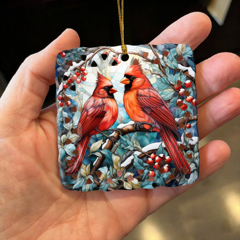 Stained Glass Cardinals in Winter Printed Square Cutout Ceramic Ornament